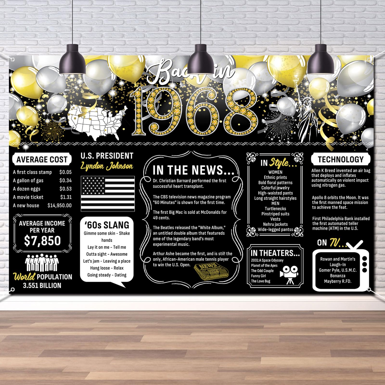 Dill-Dall Back in 1968 Backdrop Large Wall Banner, Cheers to 58 Years, Happy 58th Birthday Anniversary Class Reunion Decorations Supplies Poster