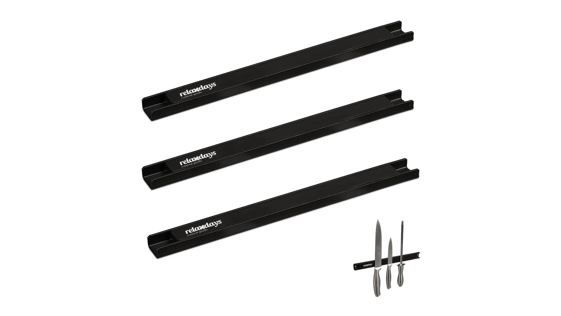 Lot De 3 Barres Magnétiques Relaxdays - 20 Cm, Porte-Couteaux/Outils, Montage Mural, Noir - Charge 3kg/Barre
