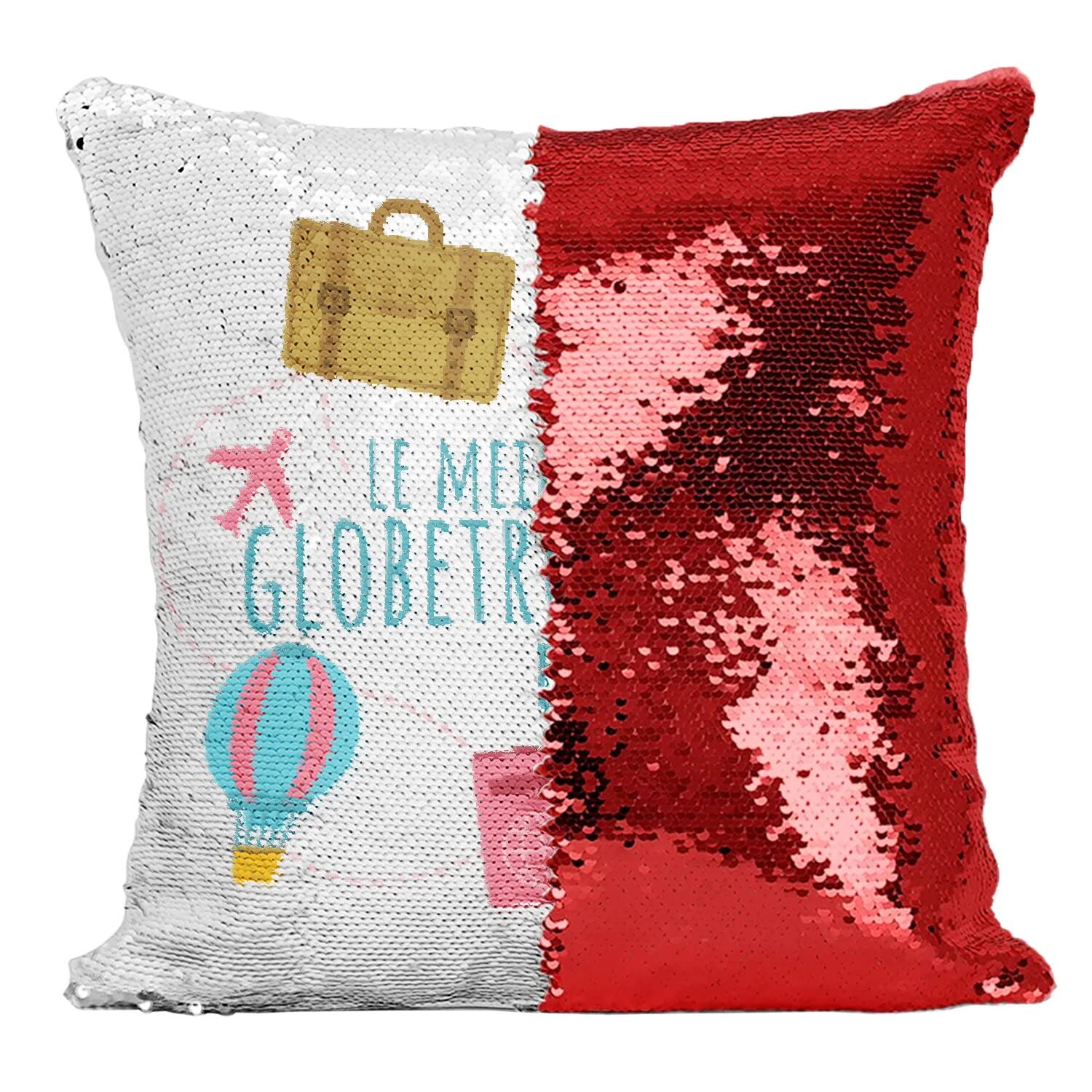Coussin Sequin Rouge Le Meilleur Globetrotteur du Monde Déco Voyage