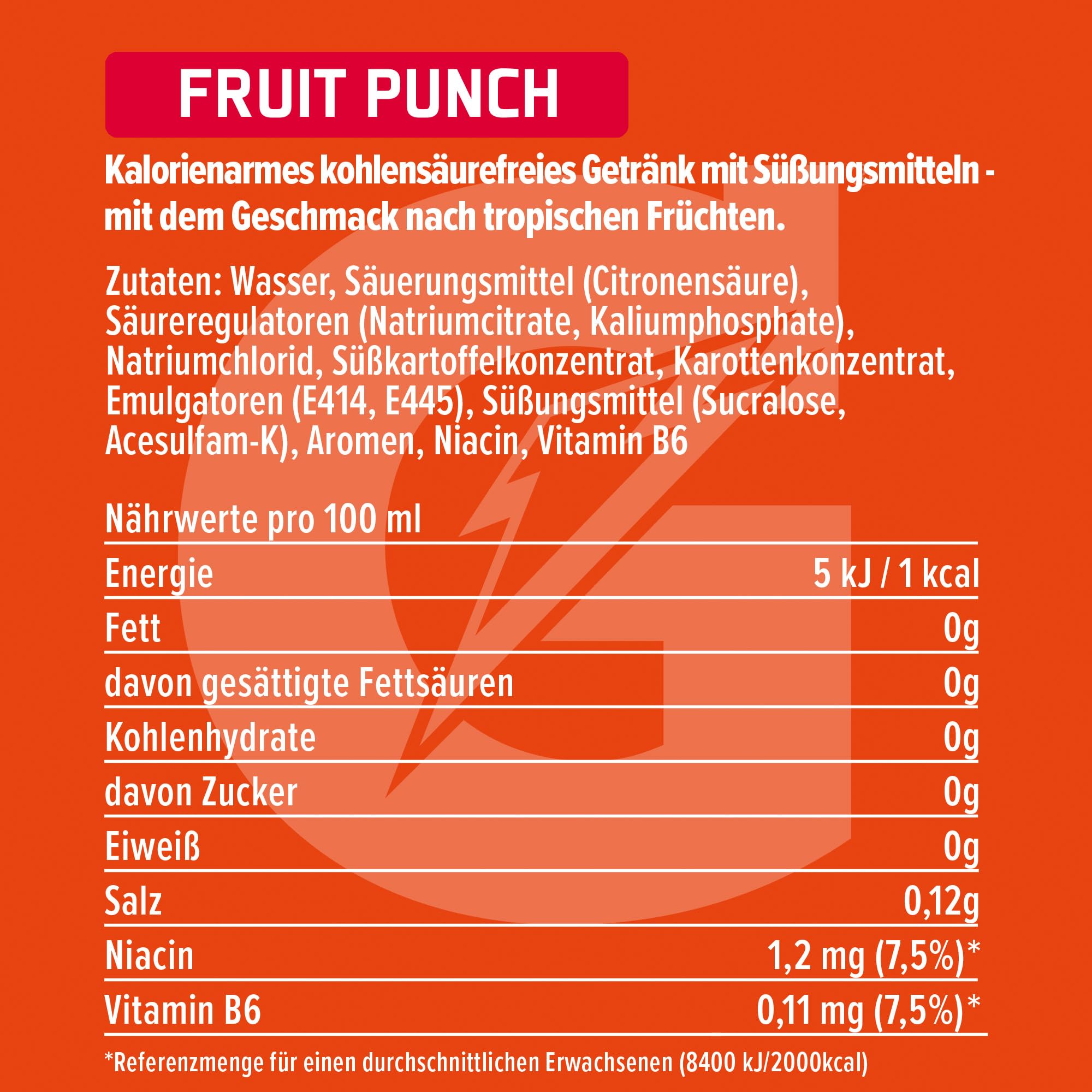 Gatorade Zero Fruit Punch Flavor, zuckerfreies Sportgetränk mit dem Geschmack nach tropischen Früchten, in sportlicher PET-Einwegflasche (12 x 0,5 L)