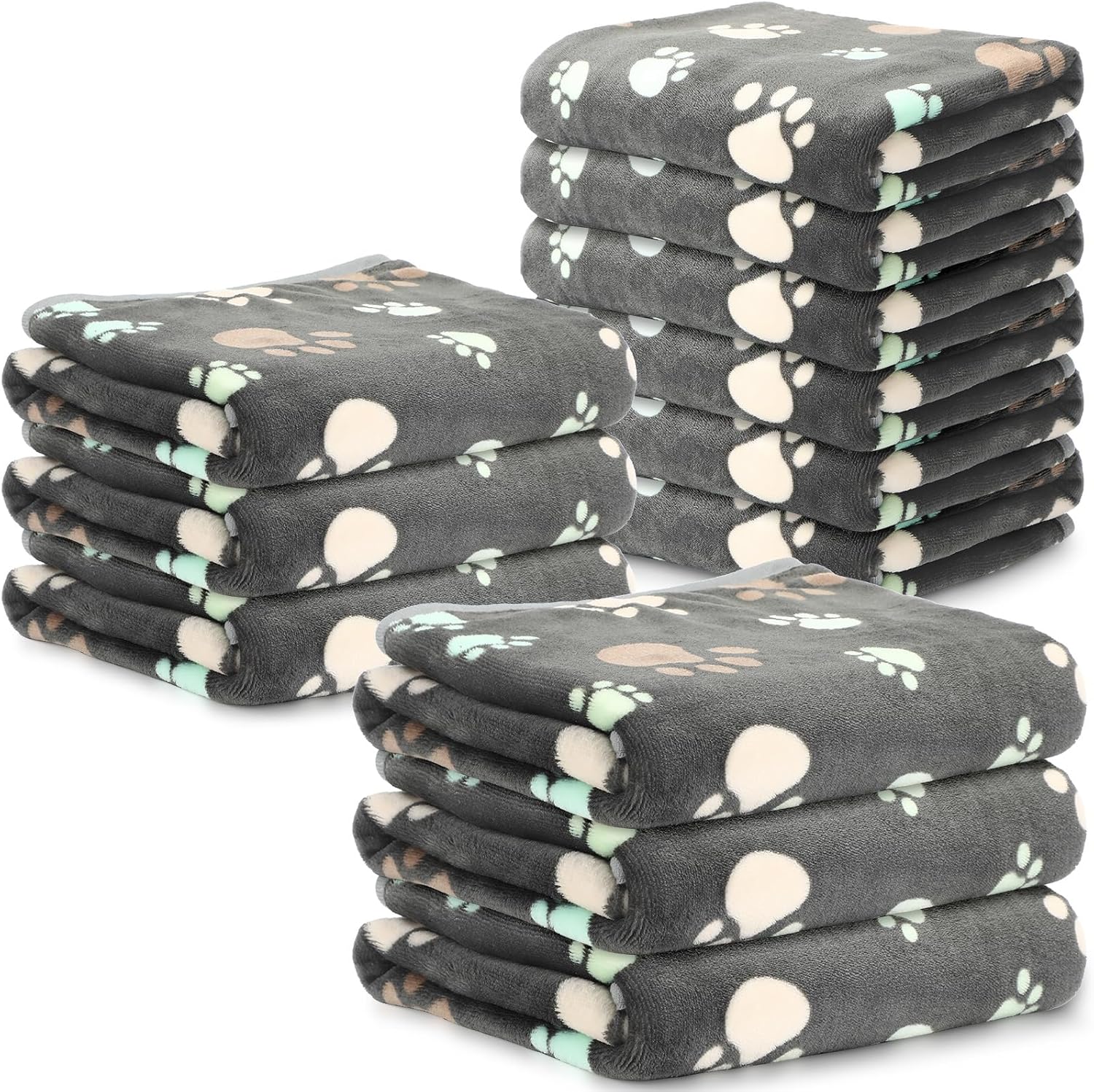 Tegeme 12 Pcs Pet Blankets Soft Fluffy Fleece Dog Cat Warm Paw Print Pattern Blankets Flannel Throw for Pets Dog Puppy Cat(41 x 30 Inch,Gray)