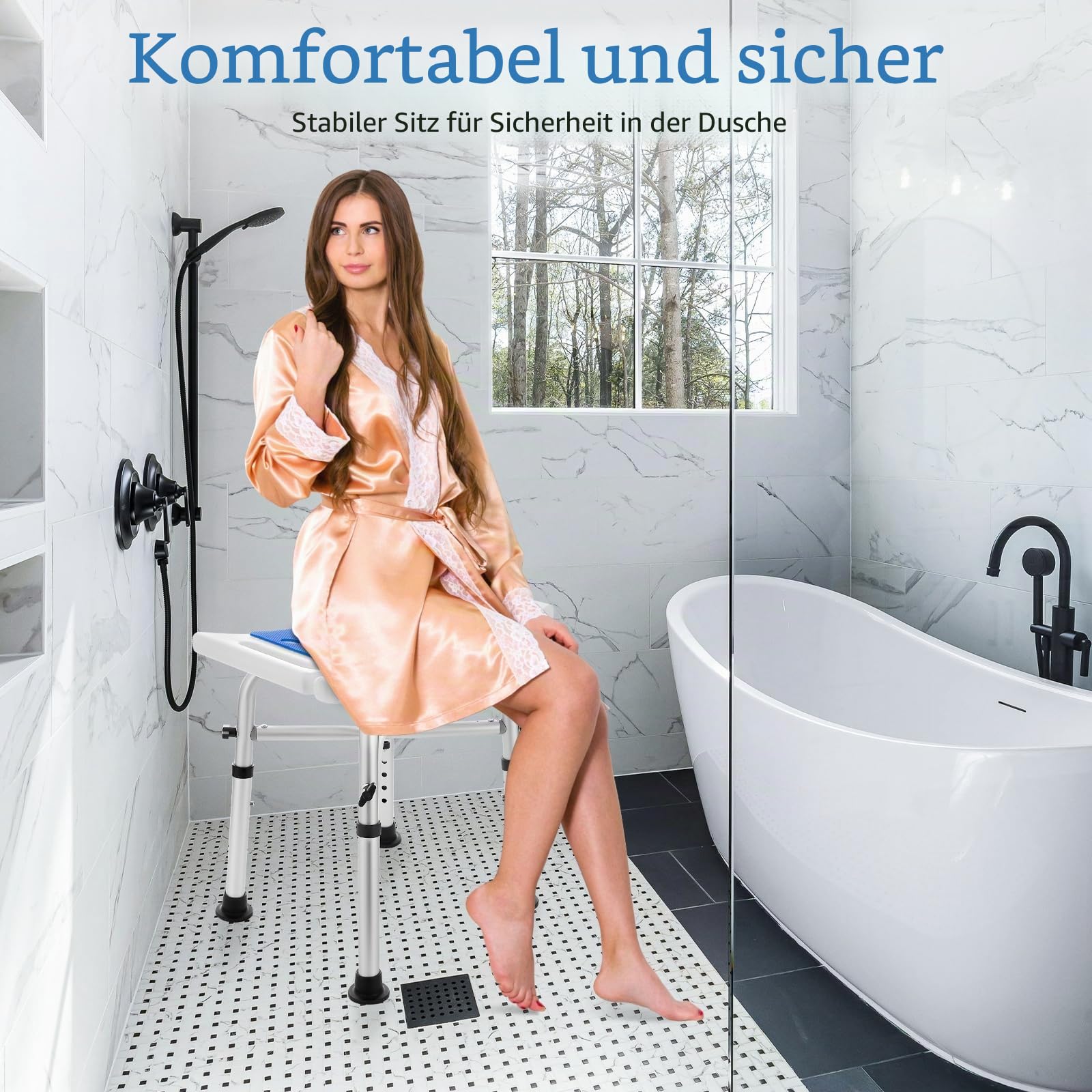 Duschhocker, Badestuhl, höhenverstellbar, mit Stabiler Querstange für Senioren, Erwachsene, Kinder, Rutschfester Duschsitz Duschstuhl für Innenduschen (ohne Duschkopf)