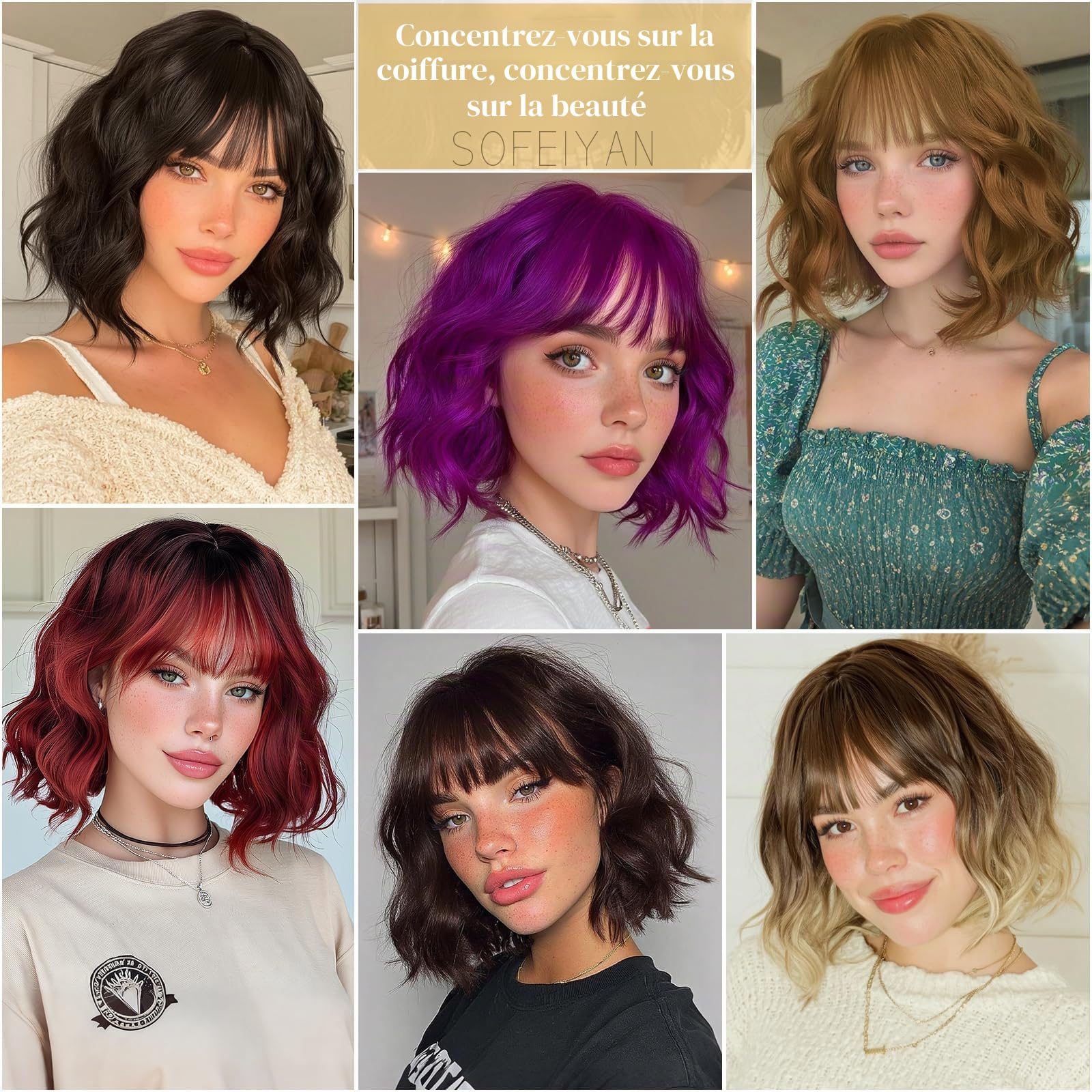 Sofeiyan Perruque Courte Ondulée 30 cm avec Frange, Cheveux Synthétiques Marron Foncé pour Femme Résistante à la Chaleur Naturel Bouclée pour Usage Quotidien et Cosplay