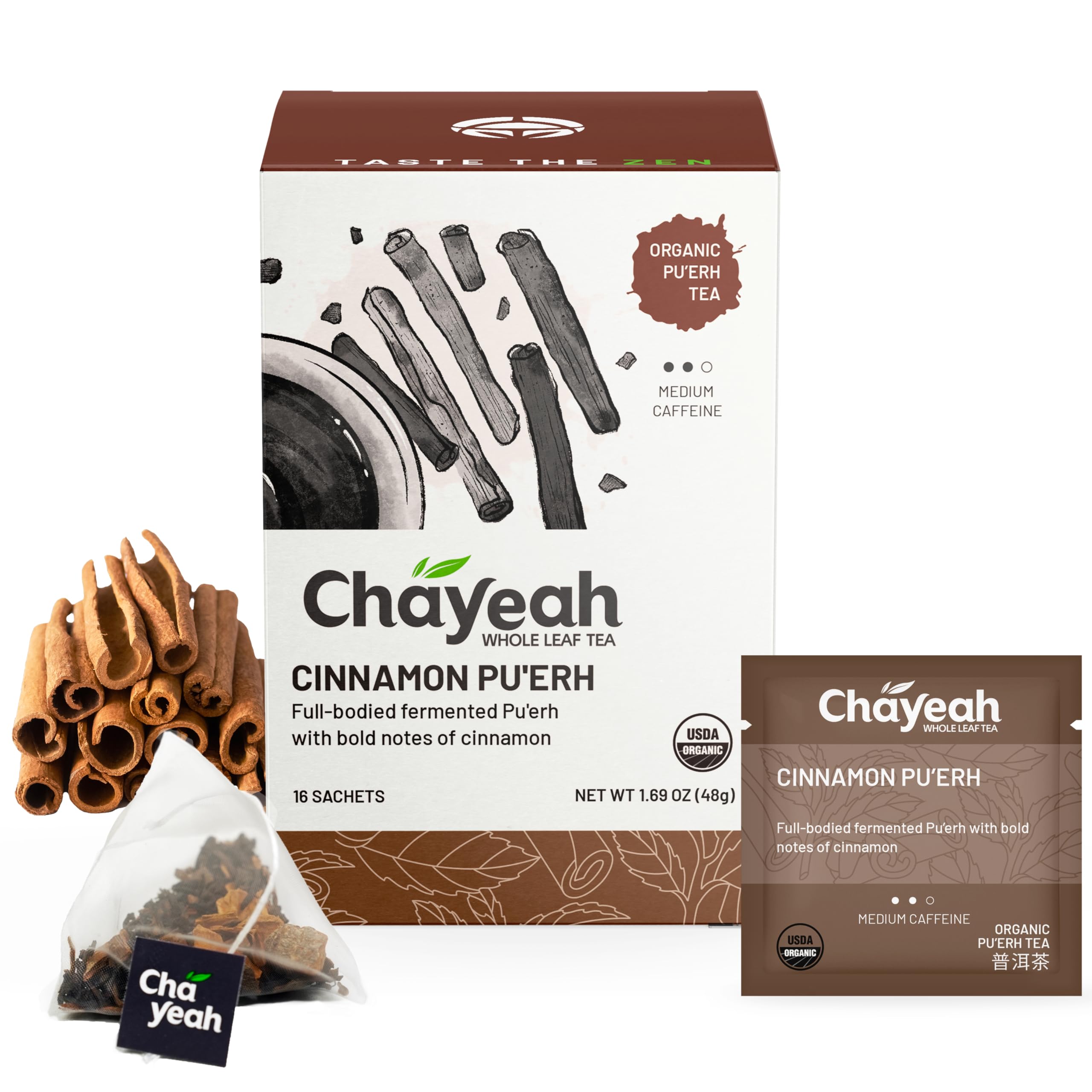 CHAYEAH, Cinnamon Pu’erh, Fermented Pu’erh Black Tea with Cinnamon, Whole Leaf Tea Bag, USDA Organic, Caffeinated (16 Pyramid Tea Sachets)
