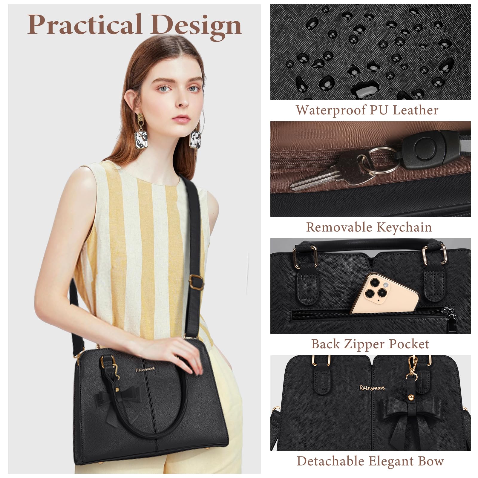 RAINSMORE Bolsos Mujer de Mano Cuero PU Impermeables Bolso Bandolera con Bolsillo Antirrobo Bolso de Hombro Universidad Tote Bag con Arco para Trabajo Compras Escuela