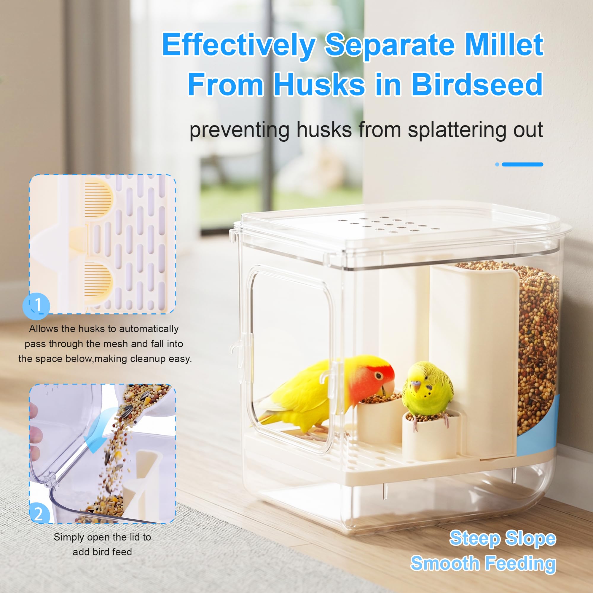 Mangeoire automatique sans désordre pour cage à oiseaux 2 en 1 transparent pour perroquet, boîte de bain et boîte de bain pour oiseaux avec capacité de 765,4 g, accessoires anti-déversement