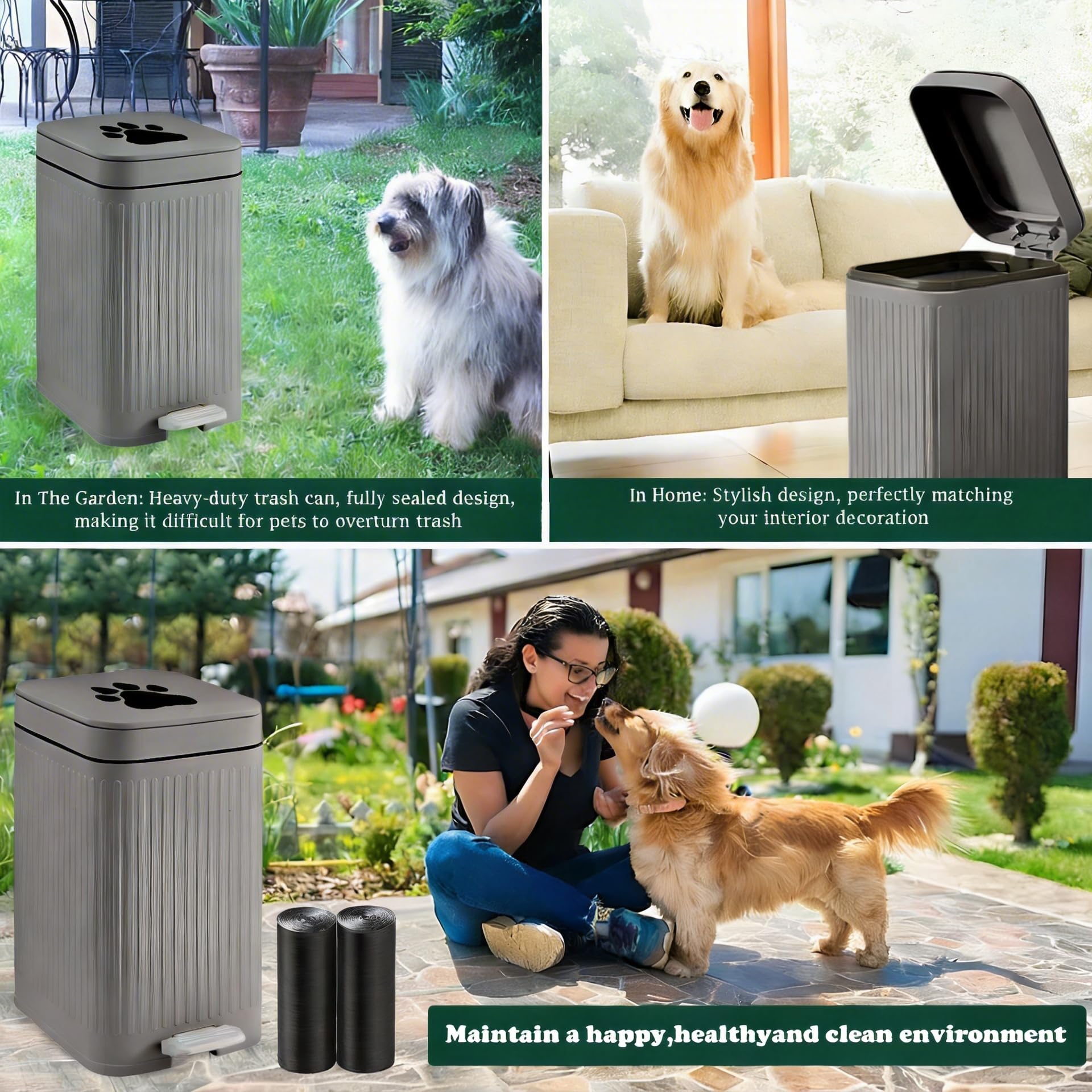 Cubo de basura para excrementos de perro en el exterior, cubo de 5 litros con tapa, pedal de pie, contenedor de residuos para perros con 40 bolsas, tapa de cierre suave para mascotas (cubo