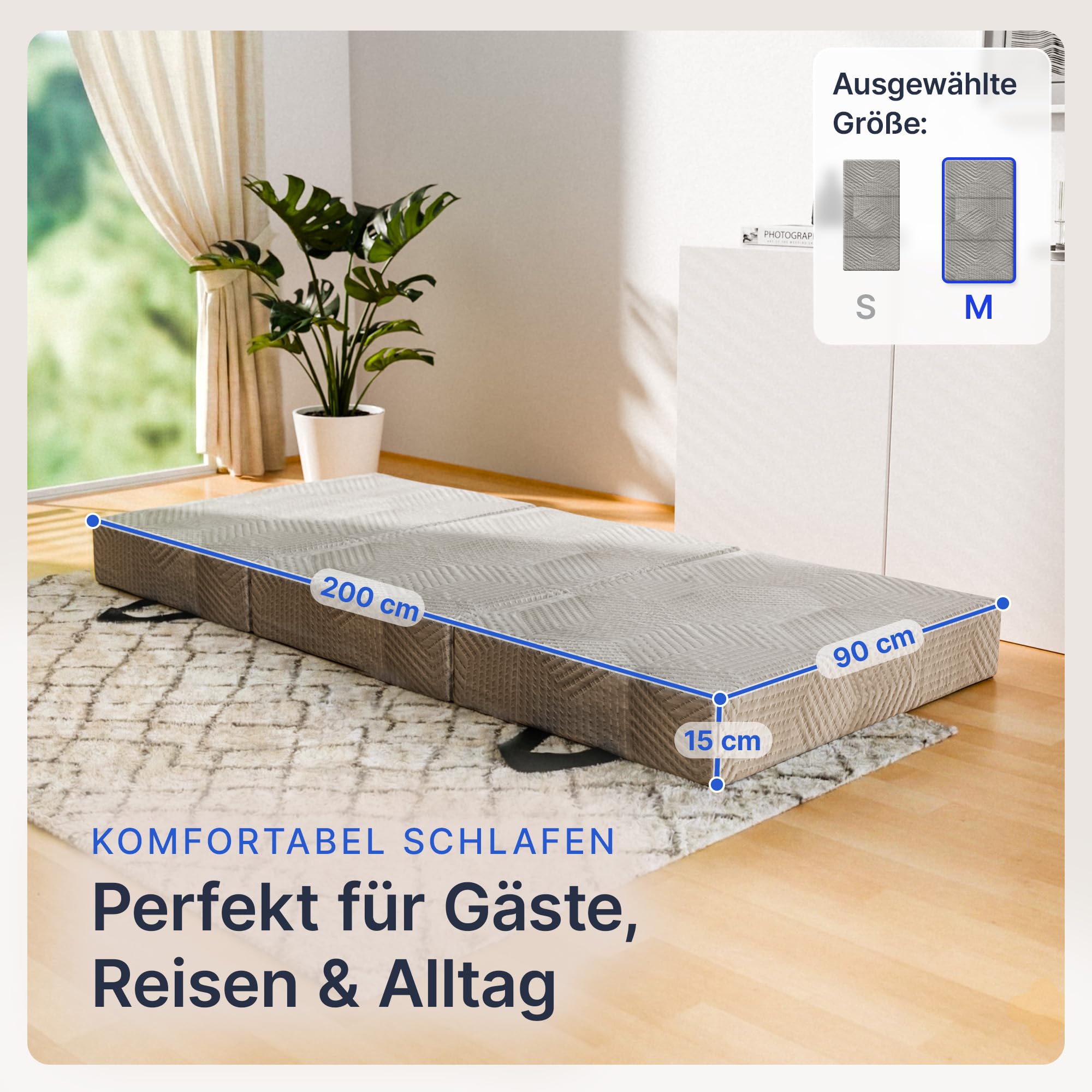 Komfort Klappmatratze 90x200 x 15 cm - Memory Foam - Gästebett und Faltmatratze als Gästematratze - Bequem & waschbar