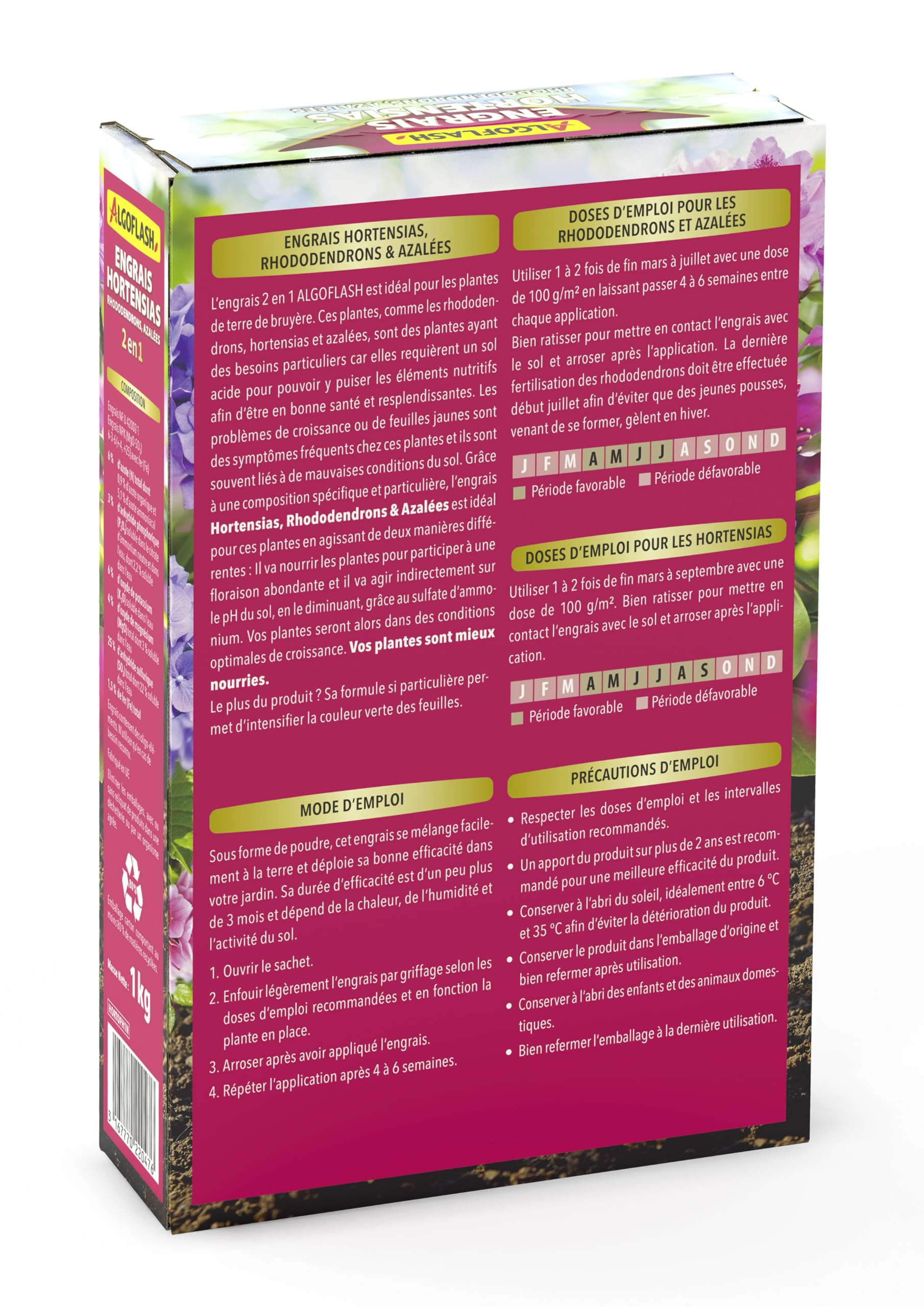 ALGOFLASH Engrais 2 en 1 pour Hortensias, Rhododendrons, Azalées Spécial pH, jusqu'à 10 Plantes, 1 kg, HORTOPH1N