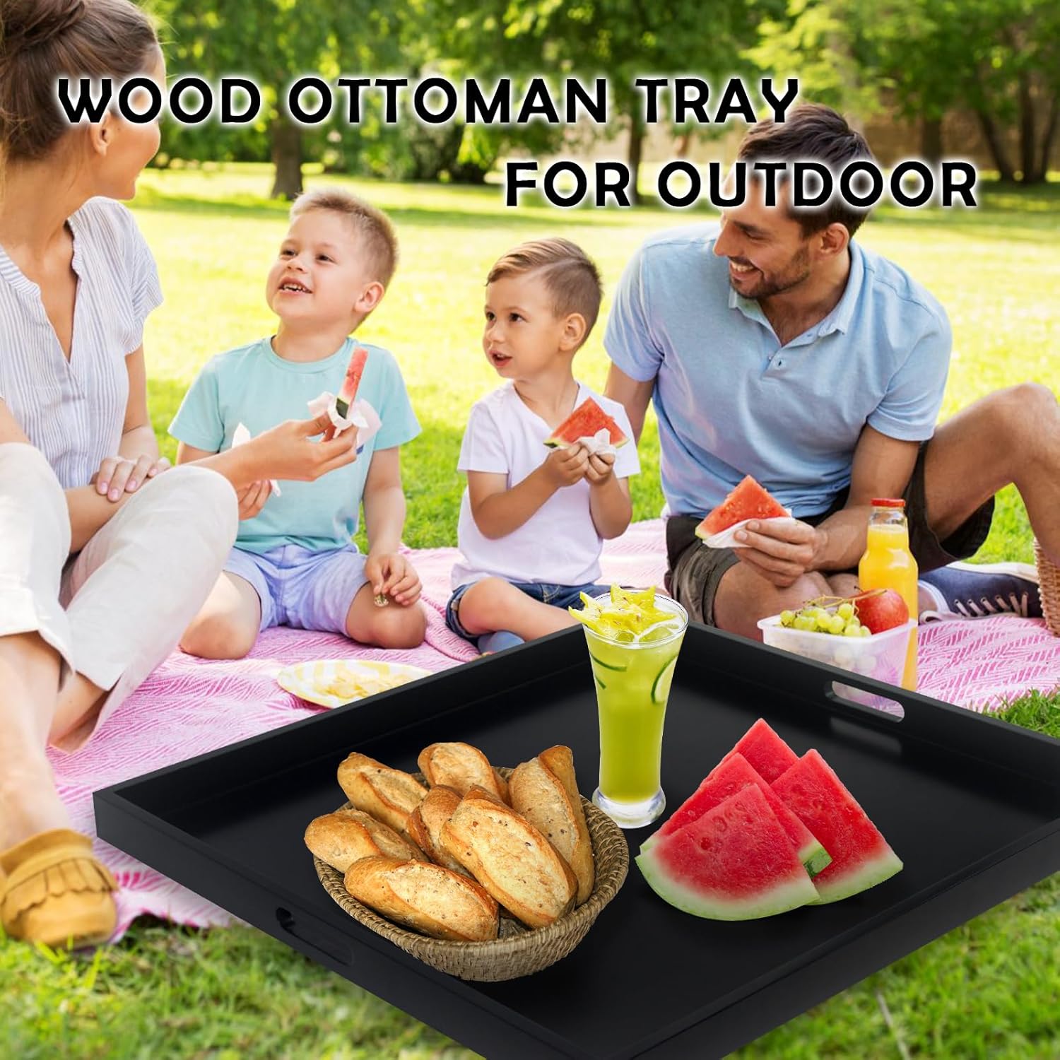 24" Square Large Ottoman Tray, Wood Serving Tray with Handle, Modern Extra Large Black Decorative Trays for Living Room Coffee Table Home