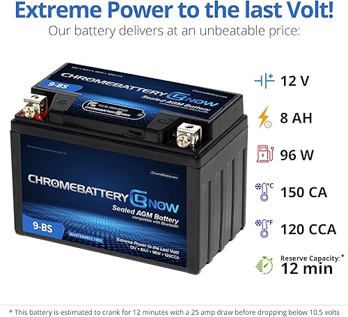 Miniatura 6 de CHROMEBATTERY NOW YTX9-BS 12V 120 CCA AGM – Batería de 8Ah libre de mantenimiento para ATV, motocicleta, scooter, moto acuática – Terminal de tuerca