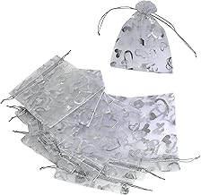 Aerzetix - C53809 - Set di 10 buste/borsette/sacchetti in organza con motivi cuori argento di gioielli/regalo/cosmetici 100x120mm - chiusura a cordino di serraggio - colore bianco
