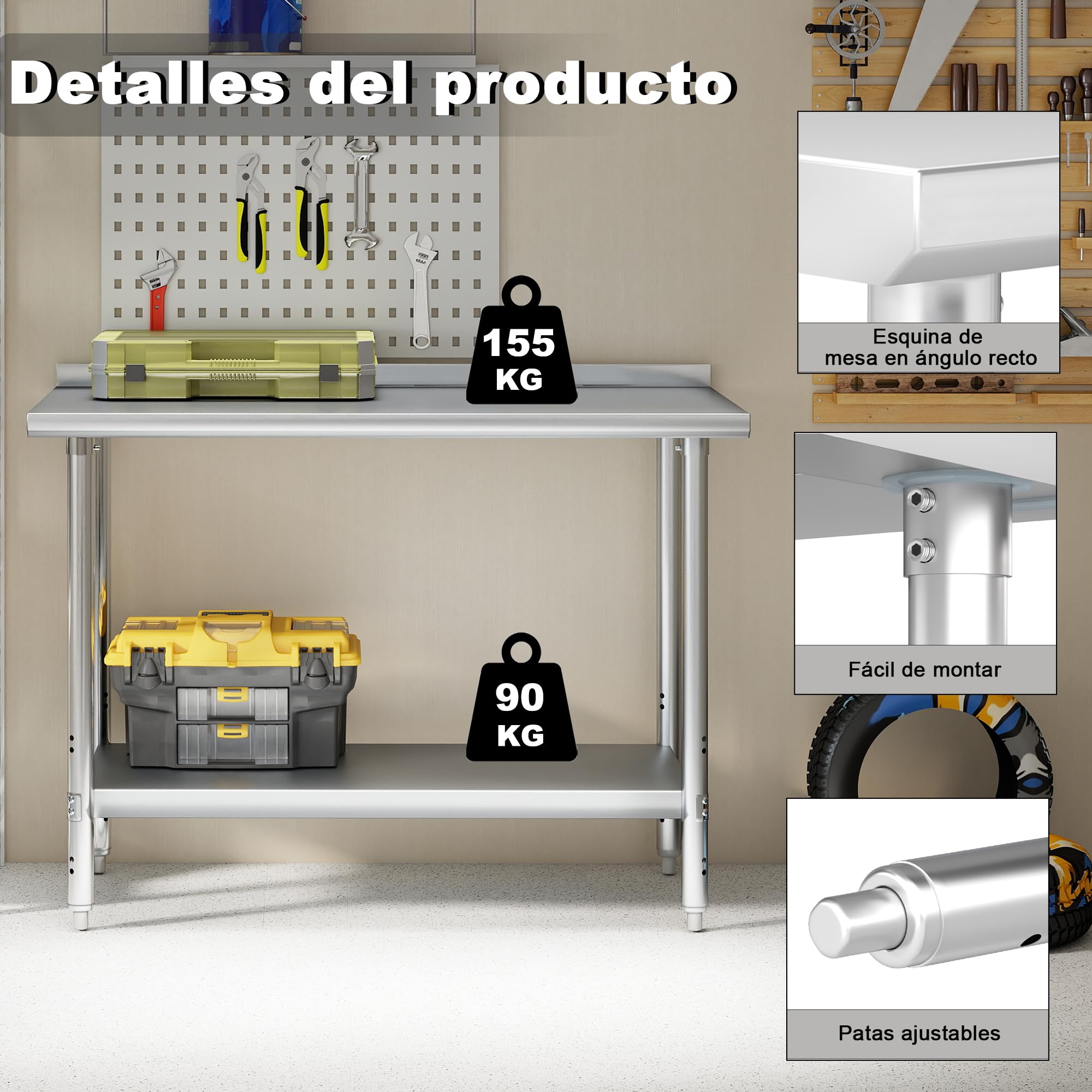 HARDURA Mesa de Acero Inoxidable 61x122 cm, Mesa de Trabajo para Cocina Comercial con Estante Inferior Ajustable y Salpicadero