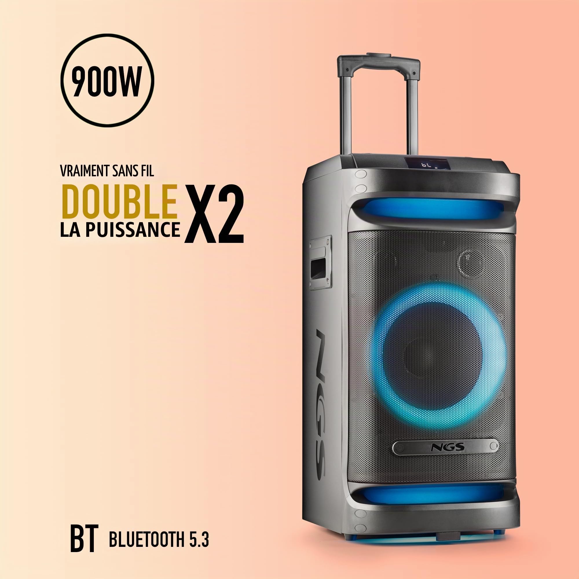NGS Wild Space 1 – Haut-Parleur Portable Bluetooth 5.3 pour fêtes, 900 W, Caisson de Basses 10", lumières LED RGB, TWS, karaoké, Batterie 6H, Roues et poignée, Noir