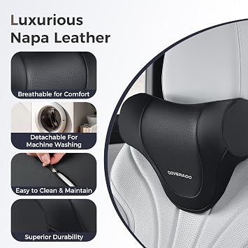Coverado Car Headrest Pillow, Ergonomic Memory Foam Car Neck Pillow for Driving Seat with Adjustable Strap, Soft PU Leather Breathable Removable Cover Neck Support for Neck Pain Relief