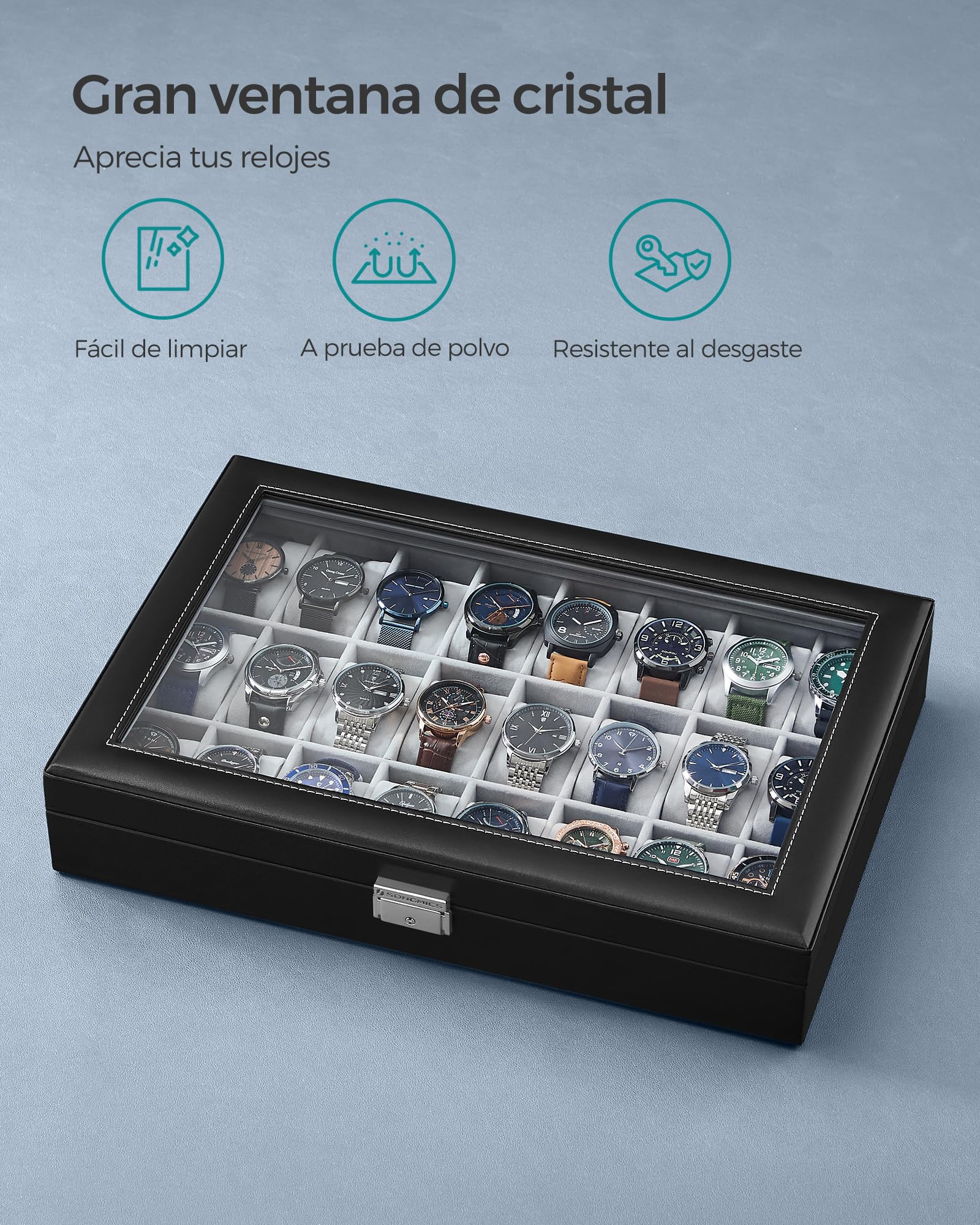 SONGMICS Caja de Relojes, Estuche de Relojes con Cierre, con 24 Ranuras, Tapa de Cristal, Regalo para Seres Queridos, Cuero Sintético, Forro Gris y Superficie Negro Tinta JWB024