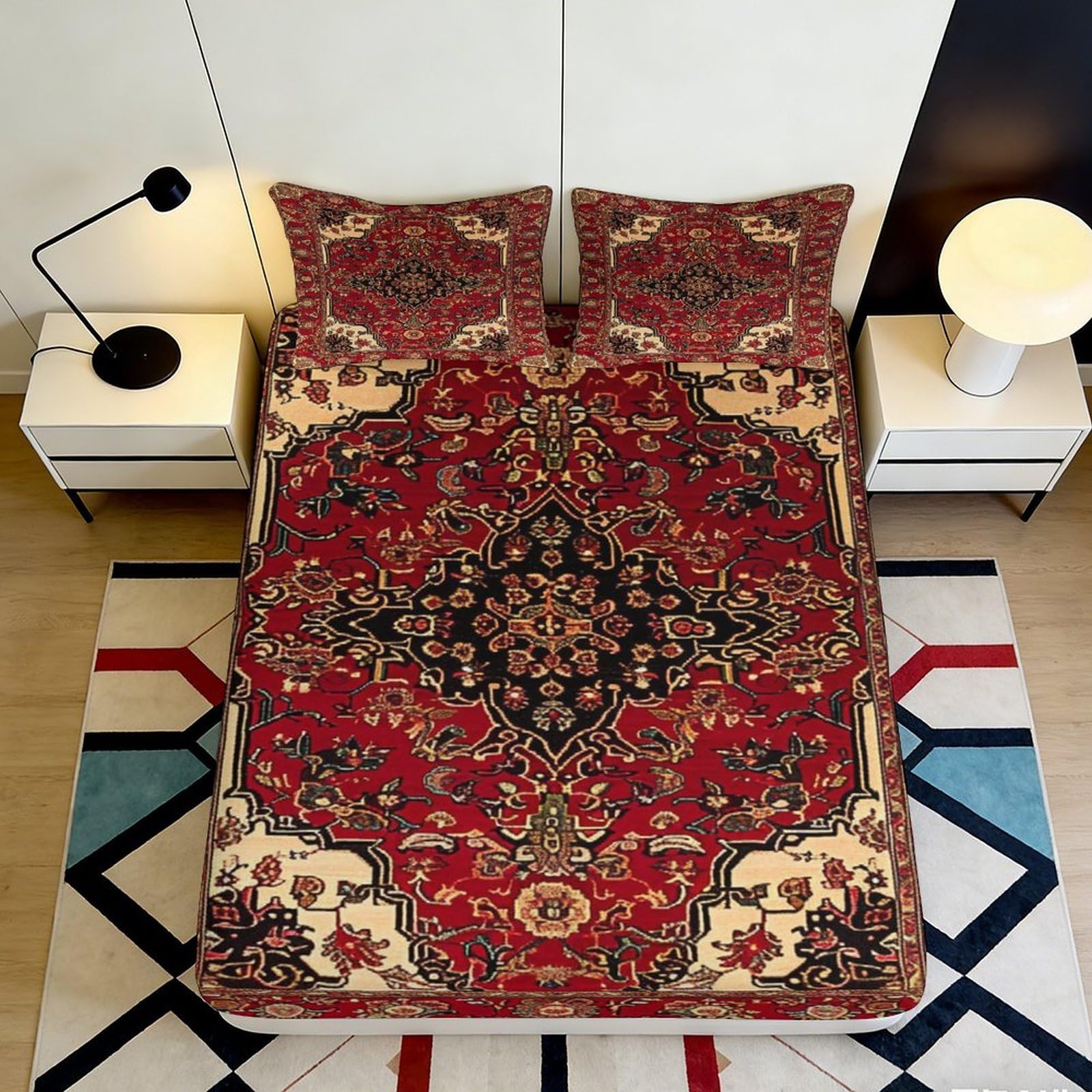 3D Printed Persian Red Pattern Fitted Sheet Microfiber Soft Durable Floral Bed Cover for Bedroom Dormitory Guest Room Mattress Protection 120x200x25cm