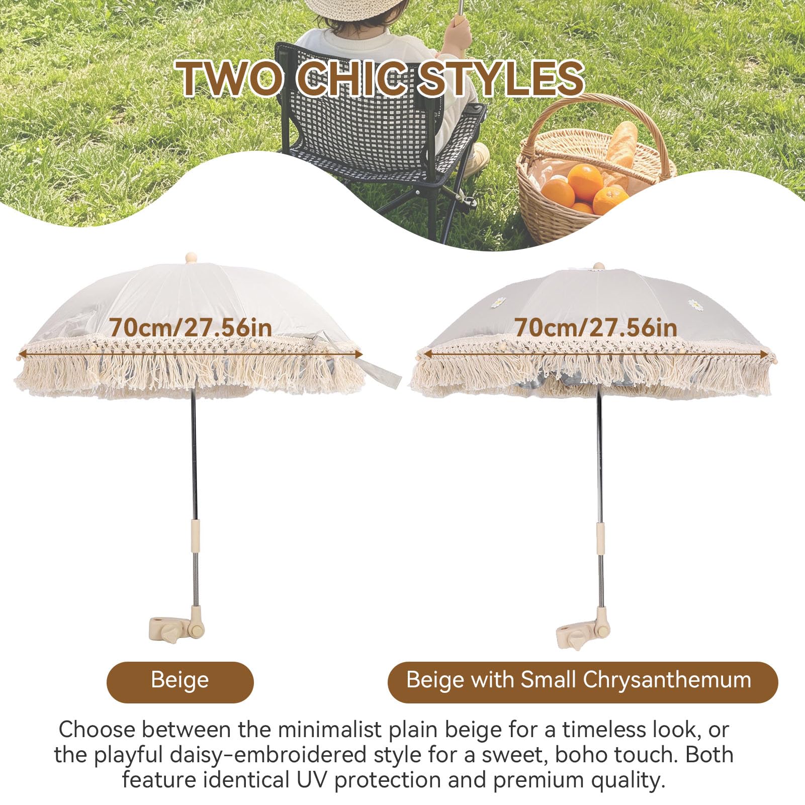 Agatige Parasol Pour Poussette De Bébé Avec Pompon, 70CM Poussette Portable Universelle Parasol De Chariot Pour Accessoires De Photographie Jardin De Bord De Mer (Beige Avec Petit Chrysanthème)