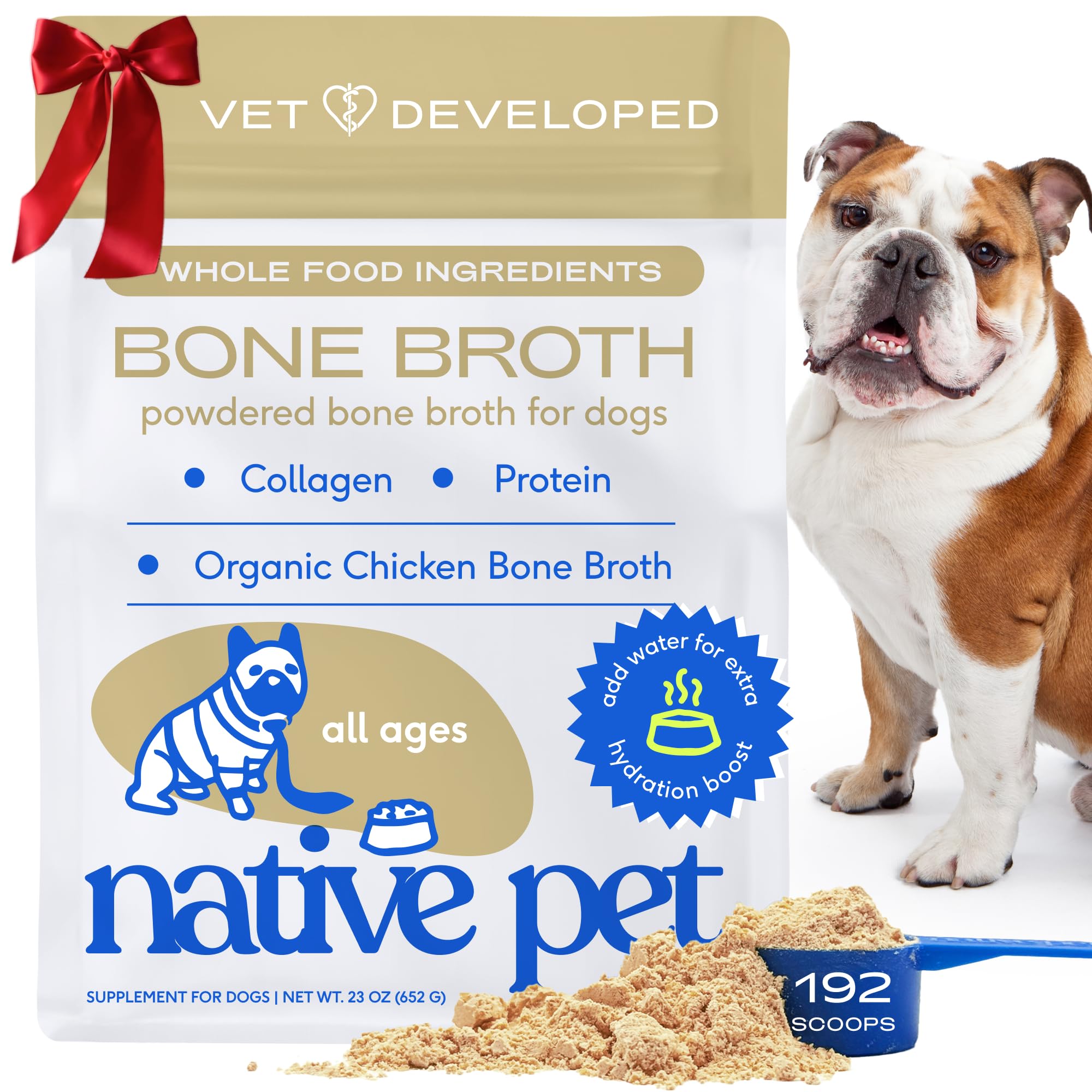 Native Pet Bone Broth for Dogs and Cats - Chicken Bone Broth Powder Dog Food Toppers for Picky Eaters - Provides Extra Nutrition for Joint Strength, Immune Support & Heart Health - 192 Scoops