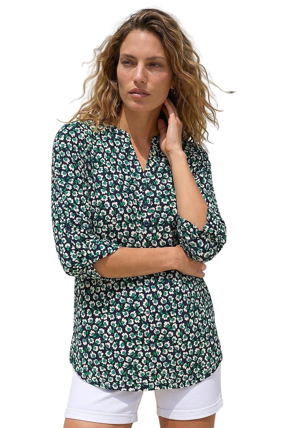 Roman Shirt for Women UK Ladies Top Collarless Blouse Stretchy Tunic Smart Casual Autumn Winter Jersey 3/4 Length Sleeve Notch V Neck Flattering Office Work