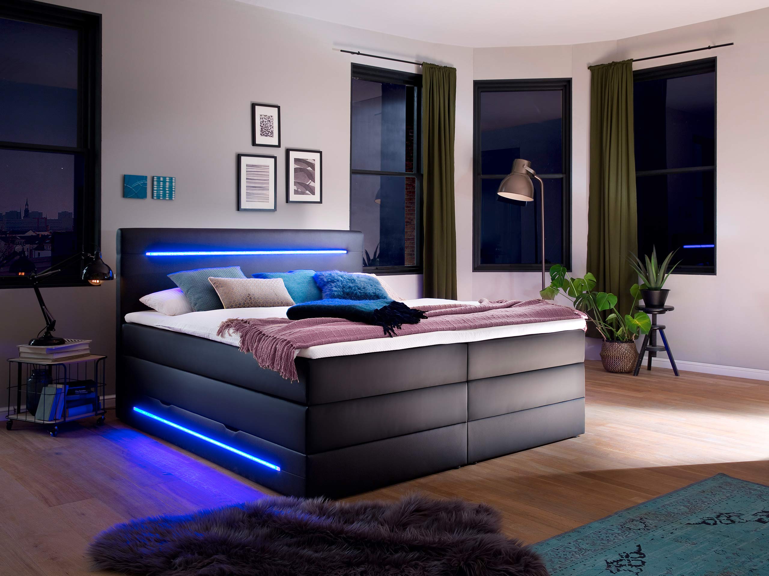 Boxspringbett 180x200 mit Bettkasten und LED Beleuchtung - gemütliches Bett mit led Beleuchtung - Stauraumbett 180 x 200 cm schwarz mit Matratze und Topper