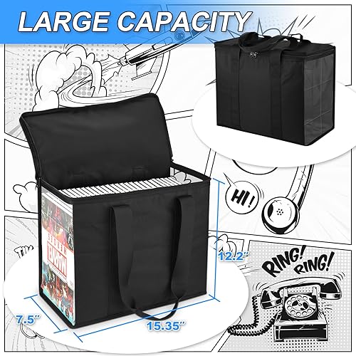 Miniatura 2 de Bolsa de almacenamiento para cómics, 600D plegable para cómics de 160-180 cómics, soporte para caja de cómics con asas de transporte y ventana