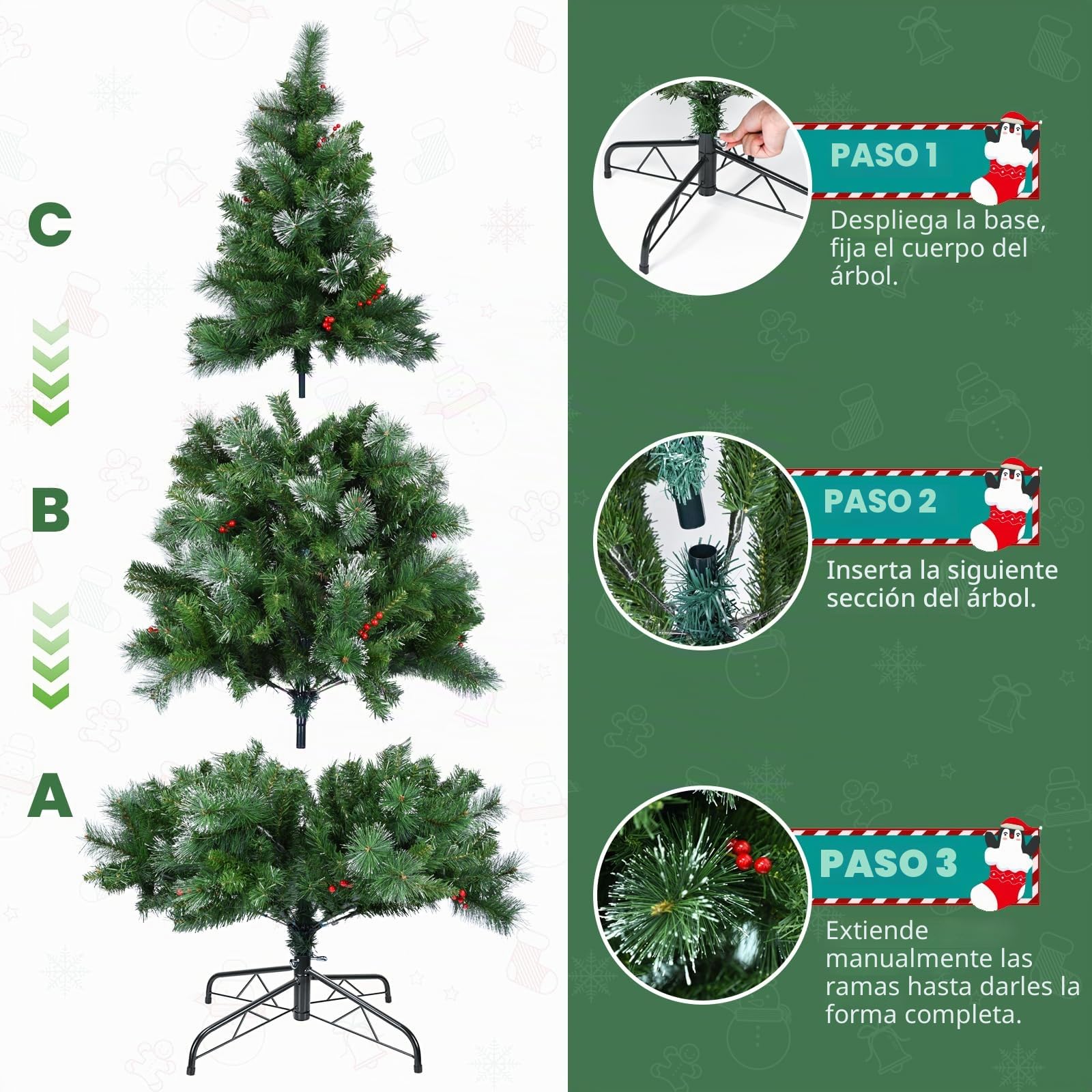 YEAUPE PRO Árbol de Navidad Artificial de 165cm con Bayas Rojas y Efecto Nieve, Decorado, PVC, Montaje en 3 Partes, Base de Metal
