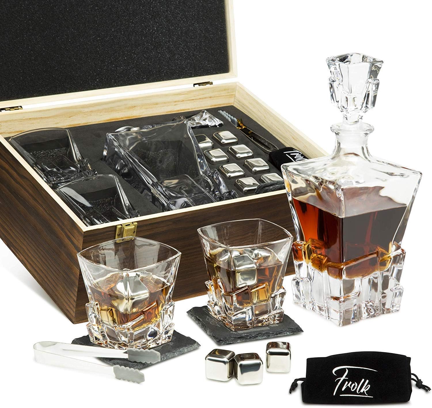 Whiskey Decanter and Stones Gift Set for Men - Whiskey Decanter, 2 Rocks Whiskey Glasses, 8 Stainless Steel Whisky Cubes, 2 Slate Coasters, Special Tongs & Freezer Pouch in Pinewood Gift Box