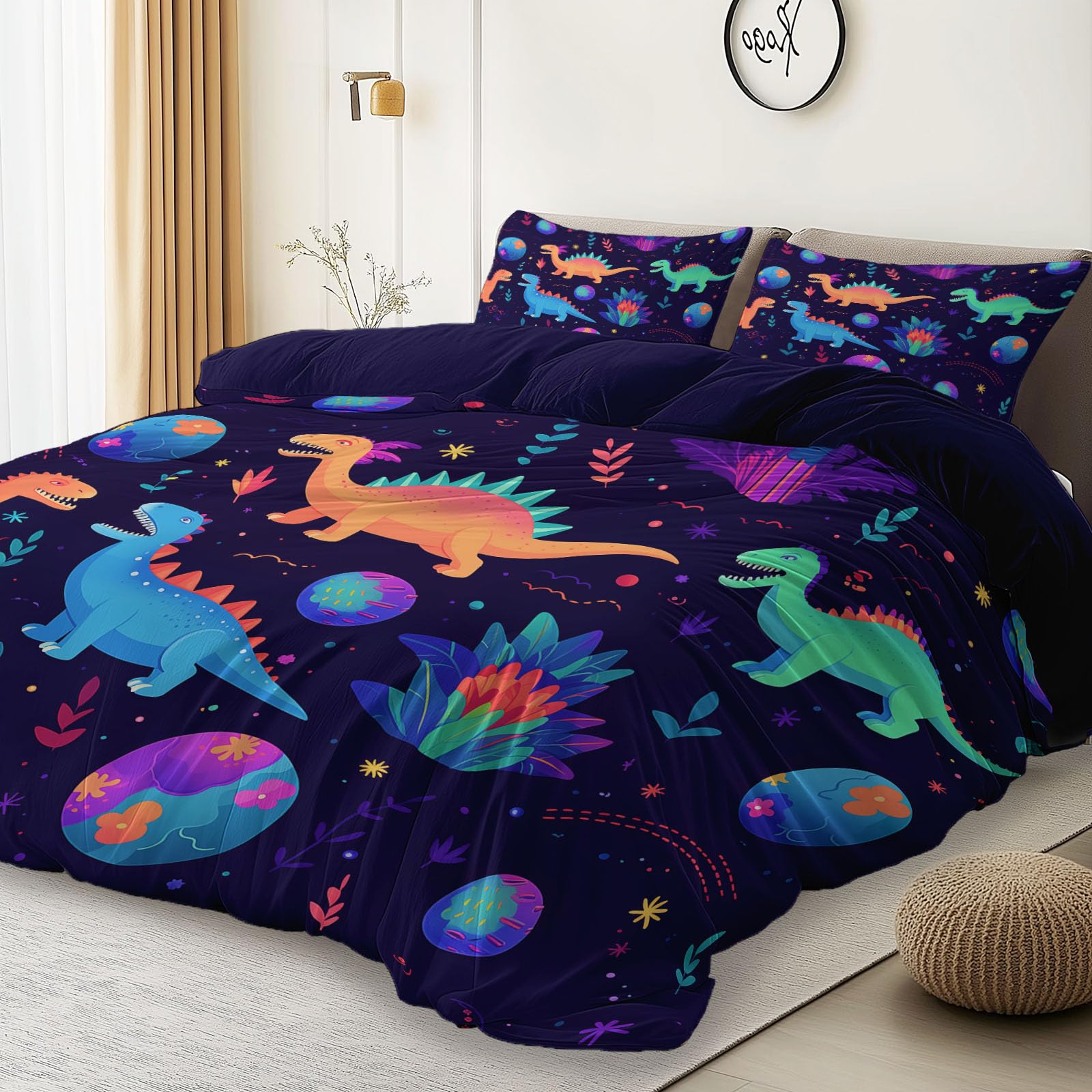 Illustration Fantastique Parure de Lit 140 x 200 cm, Cartoon Univers Dinosaure Étoiles Douce Microfibre Housse De Couette avec Fermeture Éclair et Taies d'oreiller, Violet Foncé