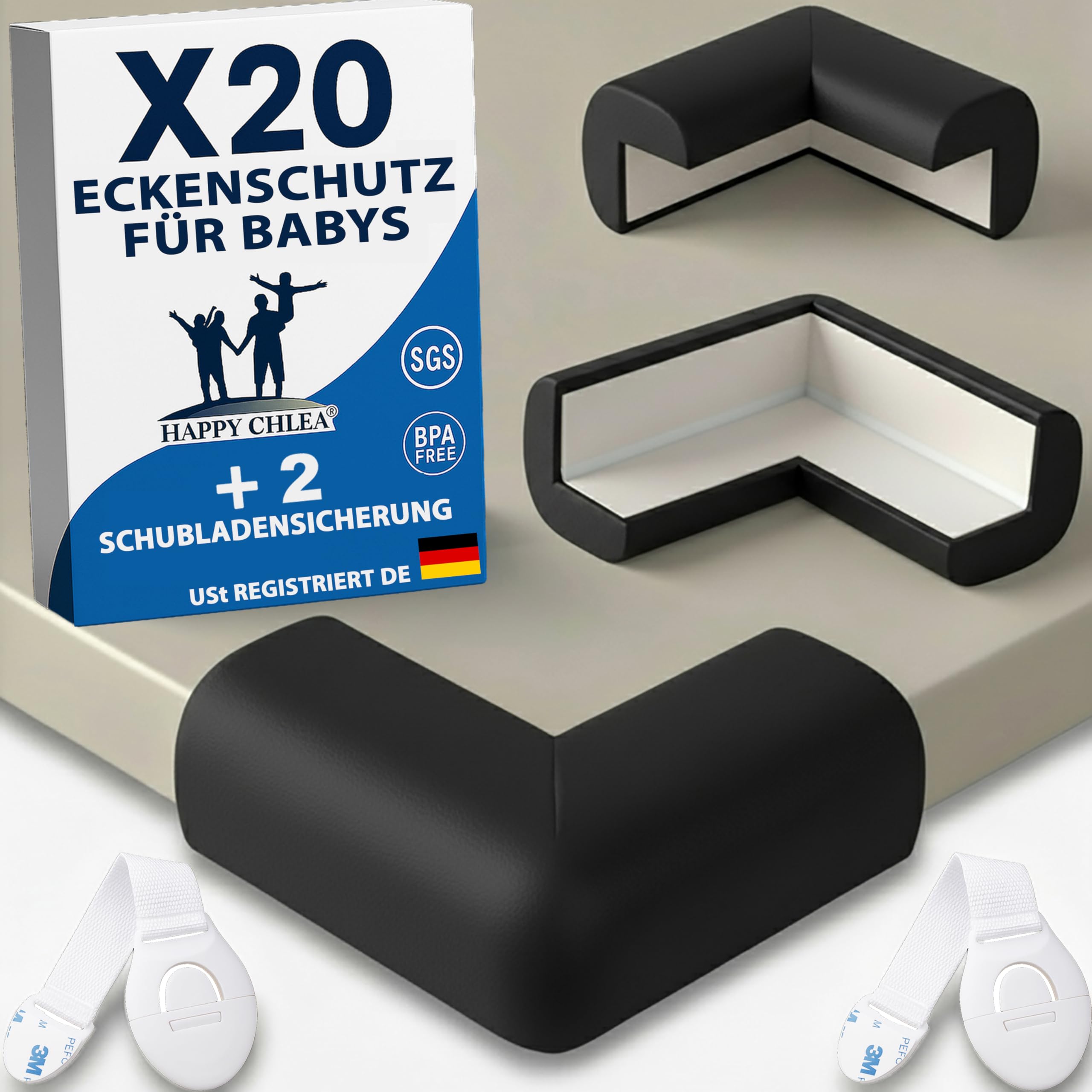 Happy Chlea 20x Eckenschutz Baby & Kantenschutz – Selbstklebender Tischkantenschutz aus Gummi mit Aktivschaum, 2 Schubladensicherungen, Stoßschutz für Tisch, Bett & Möbel