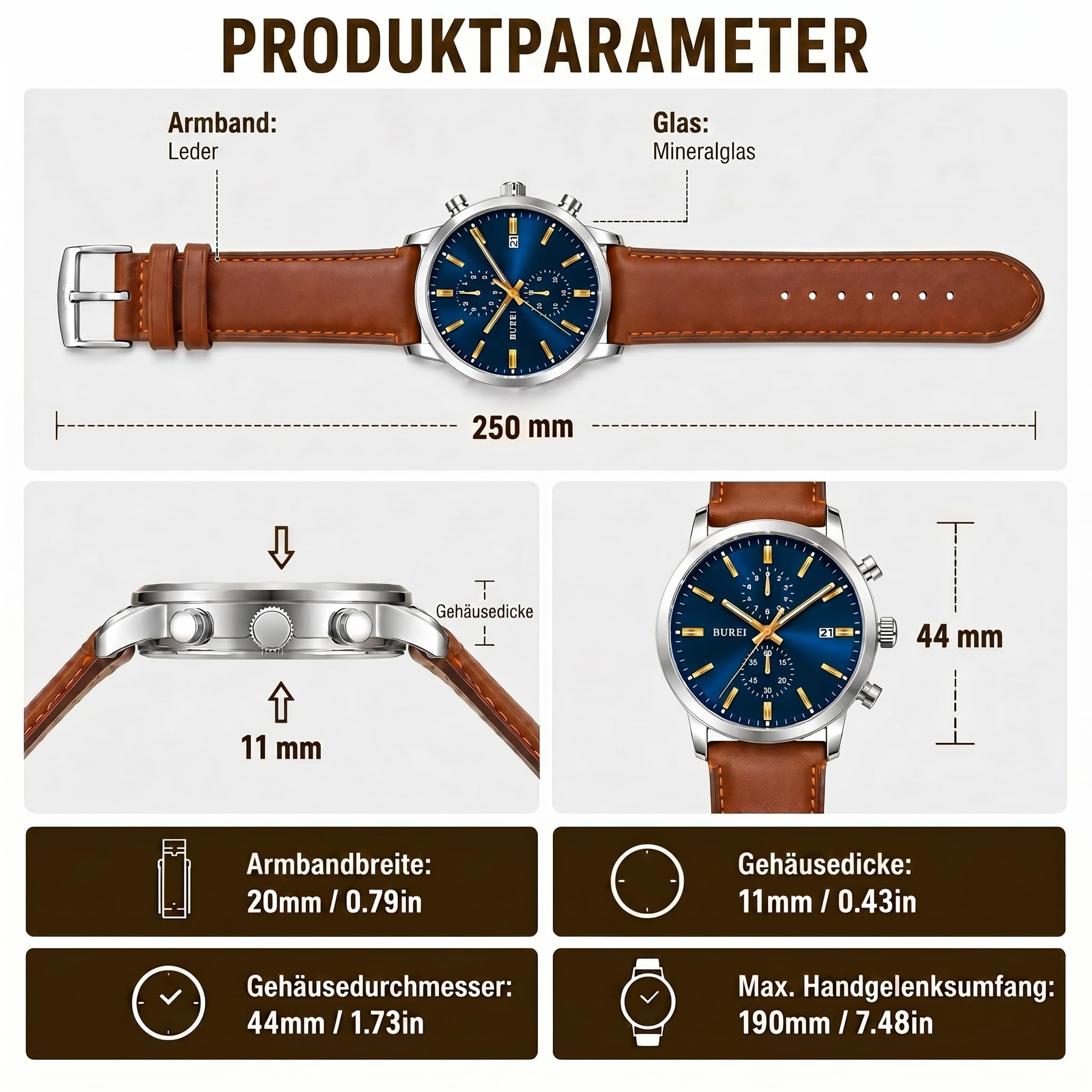 BUREI Herrenuhr Chronograph 44mm – Retro Armbanduhr Herren mit großem Zifferblatt & Lederarmband | Business, Casual, Sport | wasserdicht | Geschenk für Männer