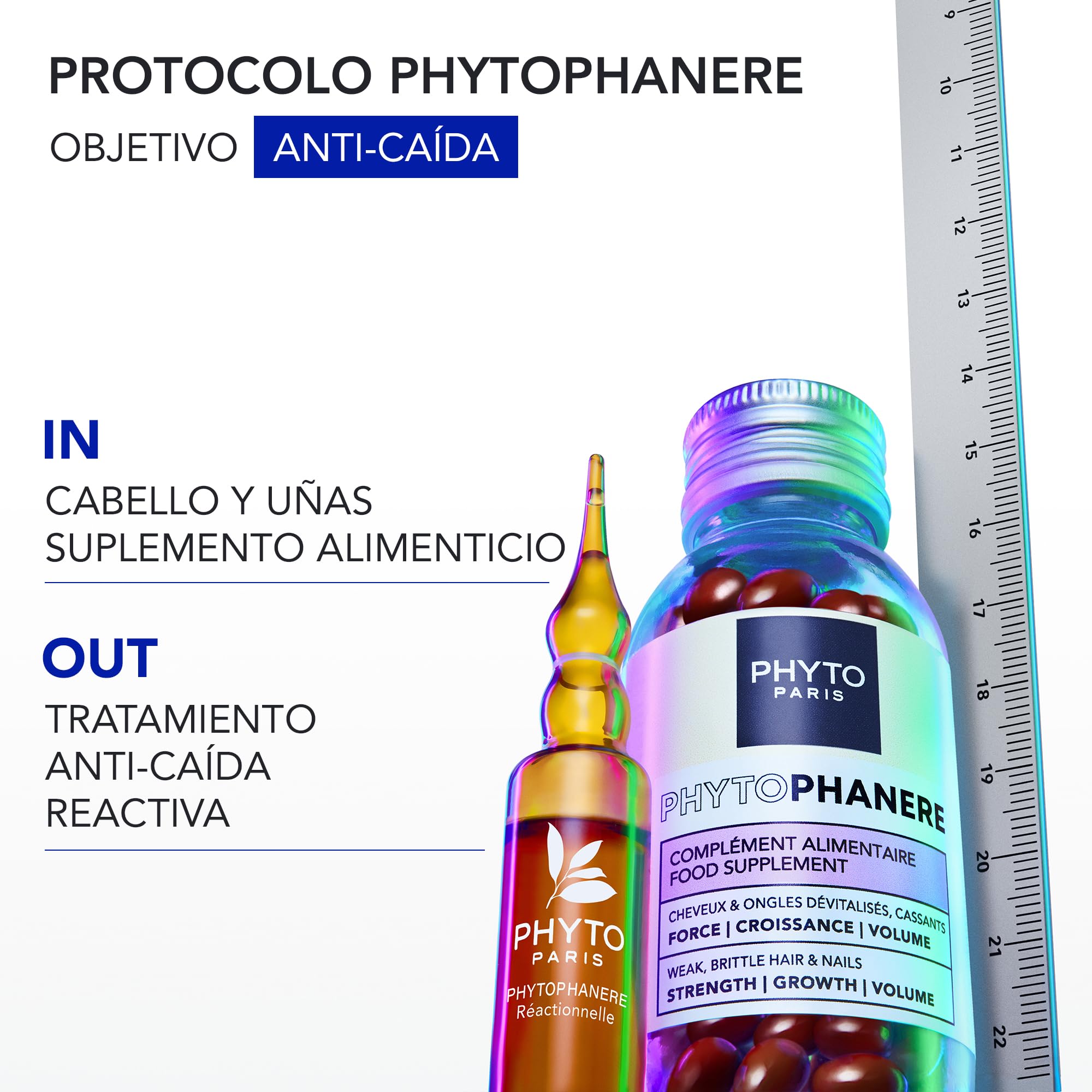 Phyto Paris - Phytophanère - Tratamiento Anticaída Reactiva 12 Ampollas x 5ml - Biotina - Zinc - Ácido Fólico - Frena la Caída por Estrés y Postparto
