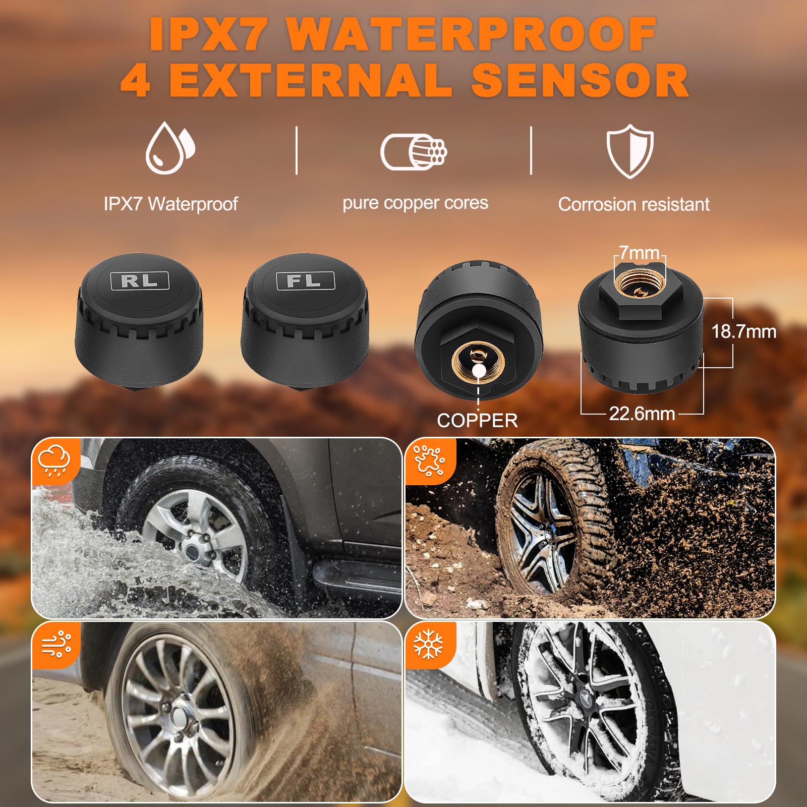 0-6 bar Sistema di Monitoraggio della Pressione dei Pneumatici TPMS con 4 Gomme Sensore Esterni degli Pneumatici 5 Modalità di Allarme, Universale ad Energia Solare per Auto SUV Caravan