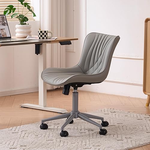 Miniatura 22 de YOUTASTE Silla de oficina marrón, moderna silla de escritorio sin brazos con respaldo, silla giratoria ajustable de piel sintética con ruedas, base
