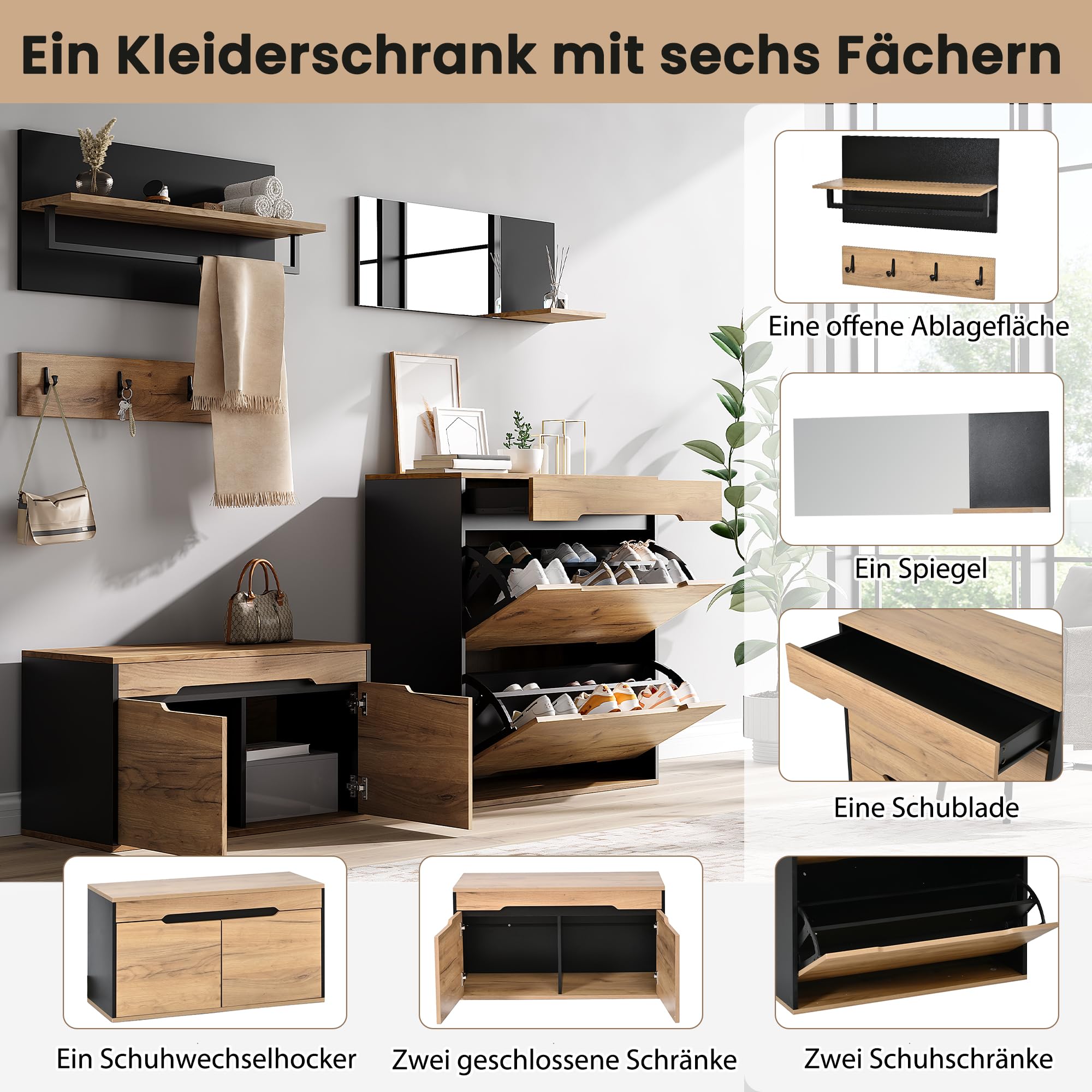 Garderobe Set Garderobenschrank mit Spiegel, Holzfarbe, 156x36x176 cm