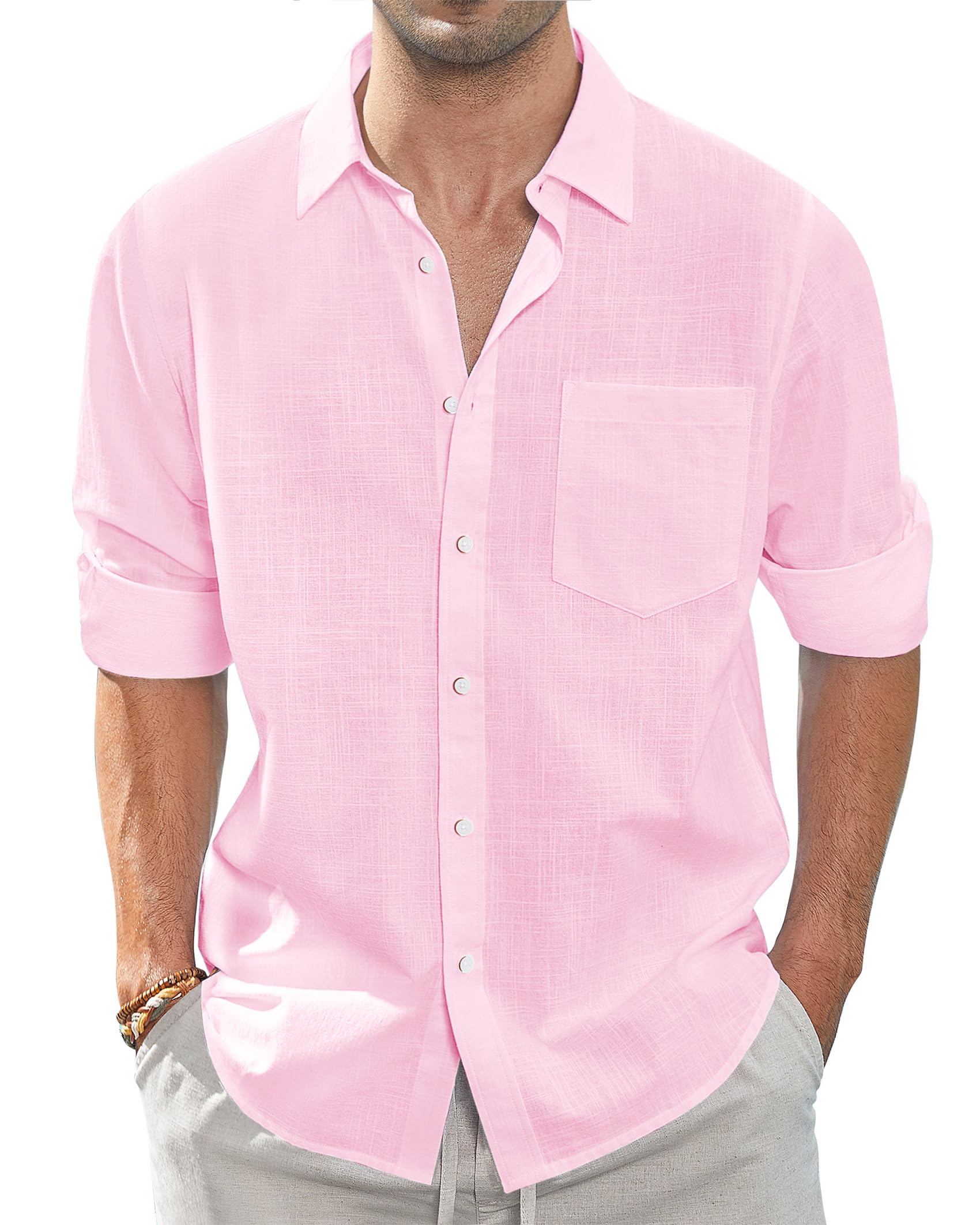 J.VER Chemise boutonnée en lin et coton pour homme - Légère et décontractée - Pour mariage - Haut d'été à manches longues avec poche