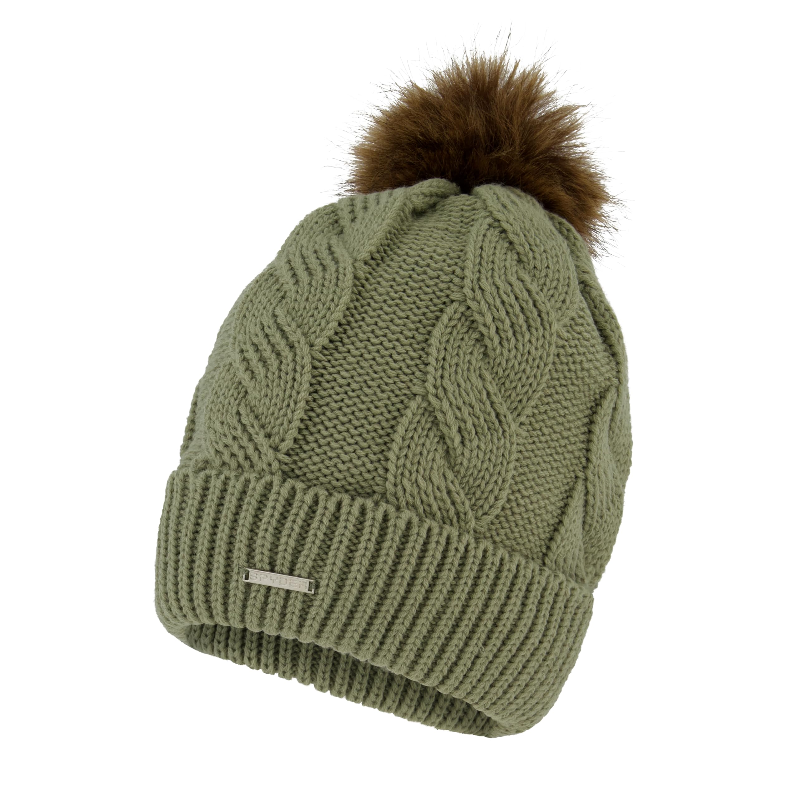 Spyder Womens Cable Knit Pom Pom Beanie with Ribbed Cuff, Sage, One Size