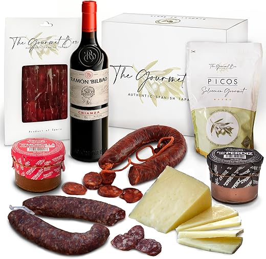 GOURMET BOX | Cesta Gourmet con Vino | Productos Ibéricos Delicatessen, Queso de Oveja 100%, Patés (Morcilla y Perdiz), Picos Gourmet y Vino Ramon Bilbao