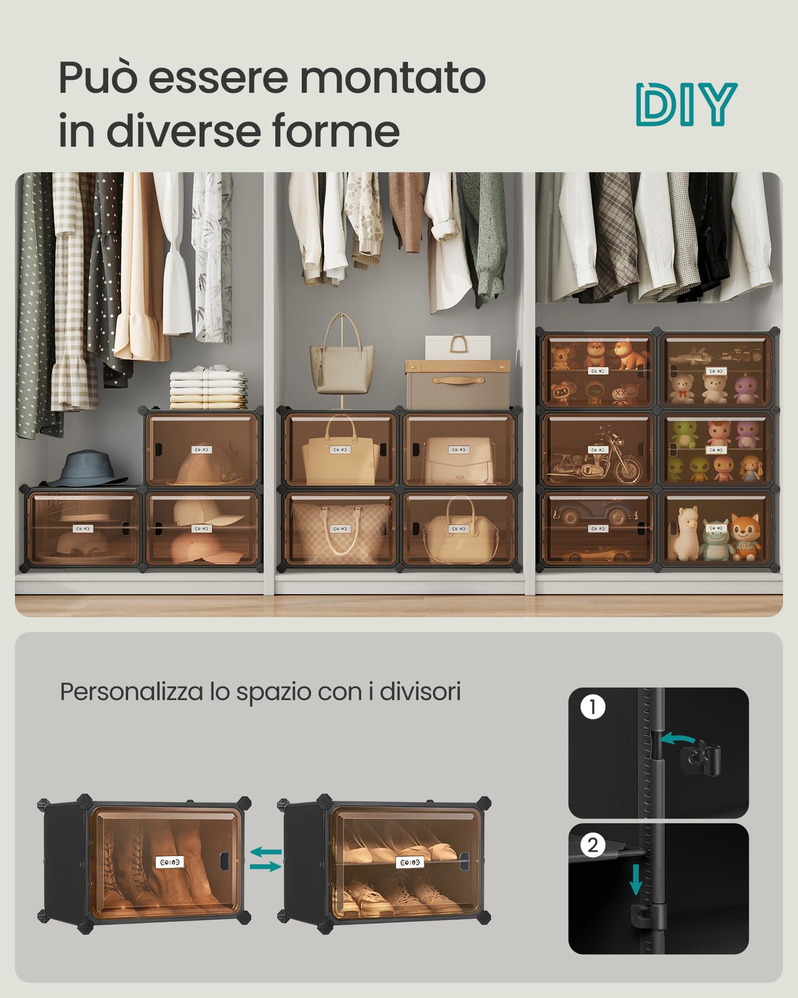SONGMICS Scarpiera 8 Scomparti, Scarpiera Componibile Ingresso, 30 x 45 x 30 cm per Scomparto, Ante Trasparenti, Metallo, 32 Paia, Camera da letto, Nero Inchiostro e Marrone Trasparente LPC054BH01