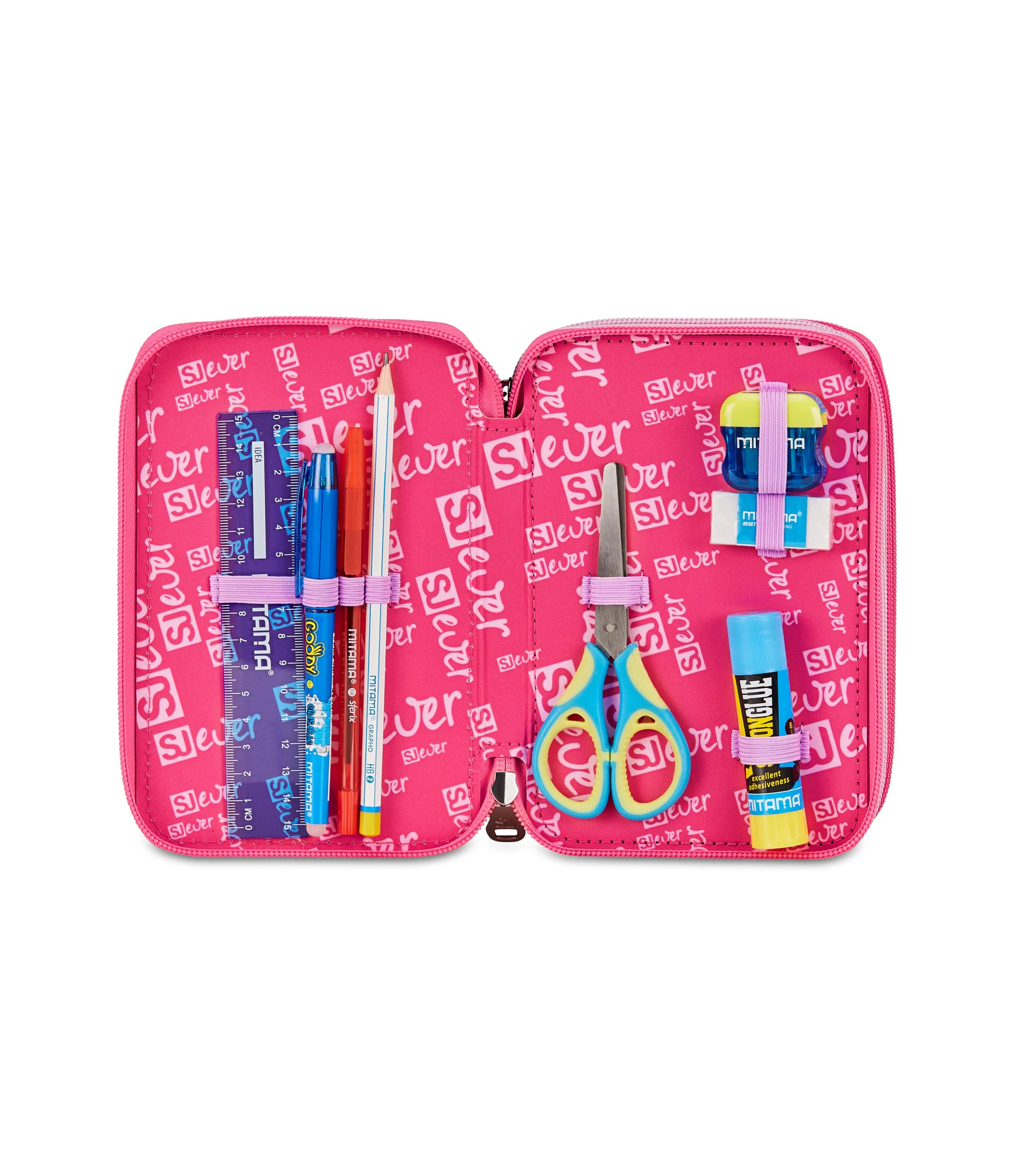 SJ GANG STYLE JAM GANG Astuccio Scuola 3 Zip, Rosa, Portapenne Triplo Scomparto Completo Di Penne, Matite, Colori, Accessori Zaino, Scuole Elementari, Bambina
