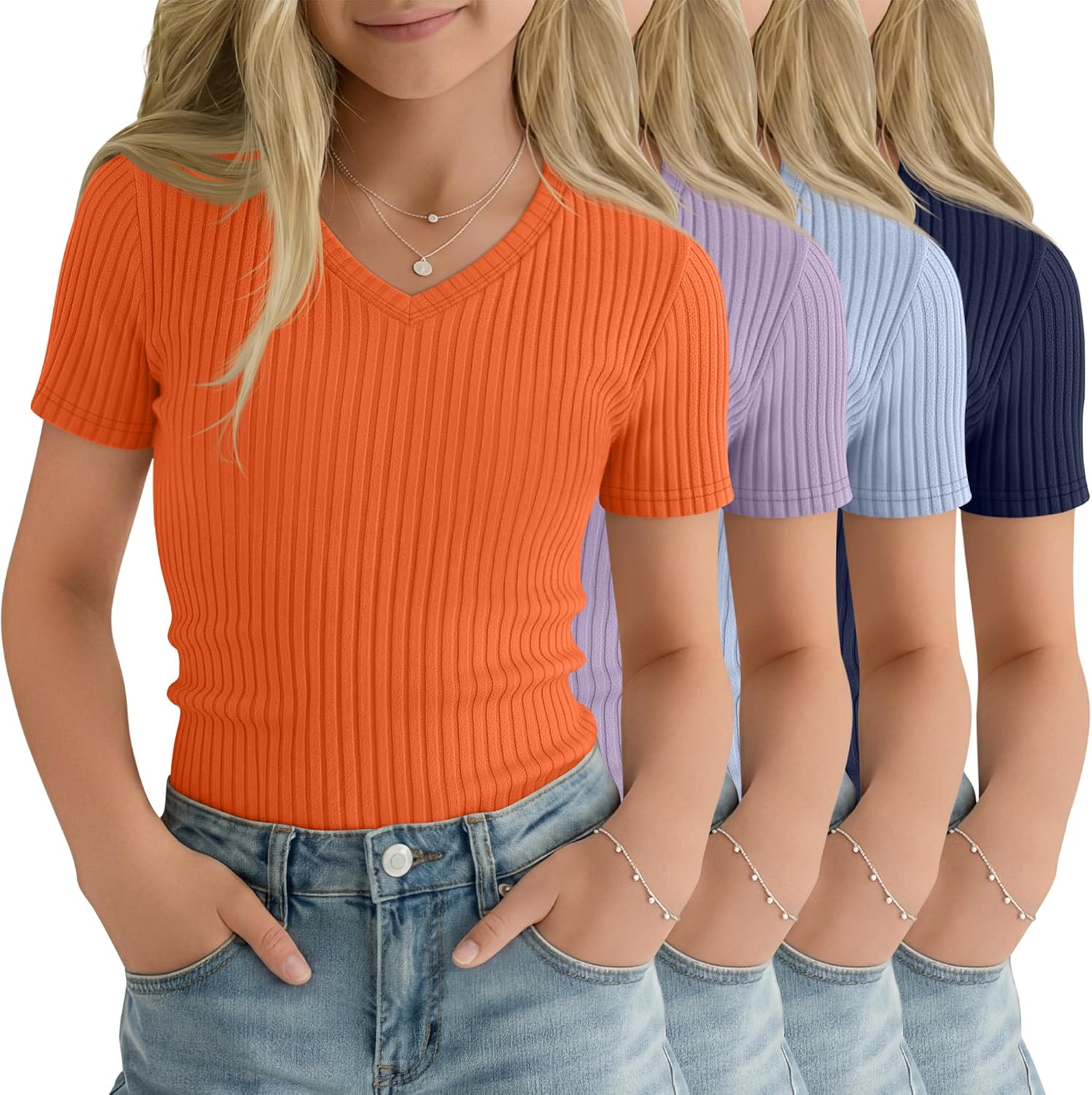 4 Pack Girls Short Sleeve Shirts Ribbed V Neck Tops Fitted Kids Soft Basic Tees Summer