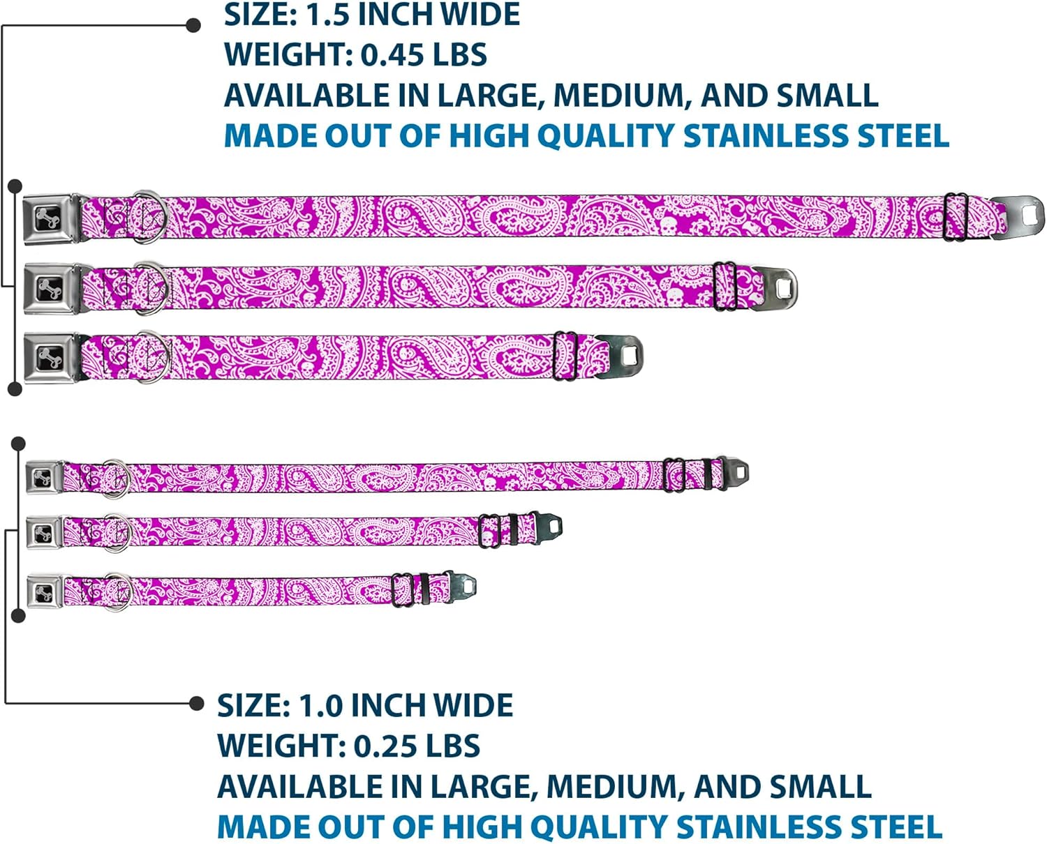 Dog Collar Seatbelt Buckle Bandana Skulls Purple White 11 to 17 Inches 1.0 Inch Wide