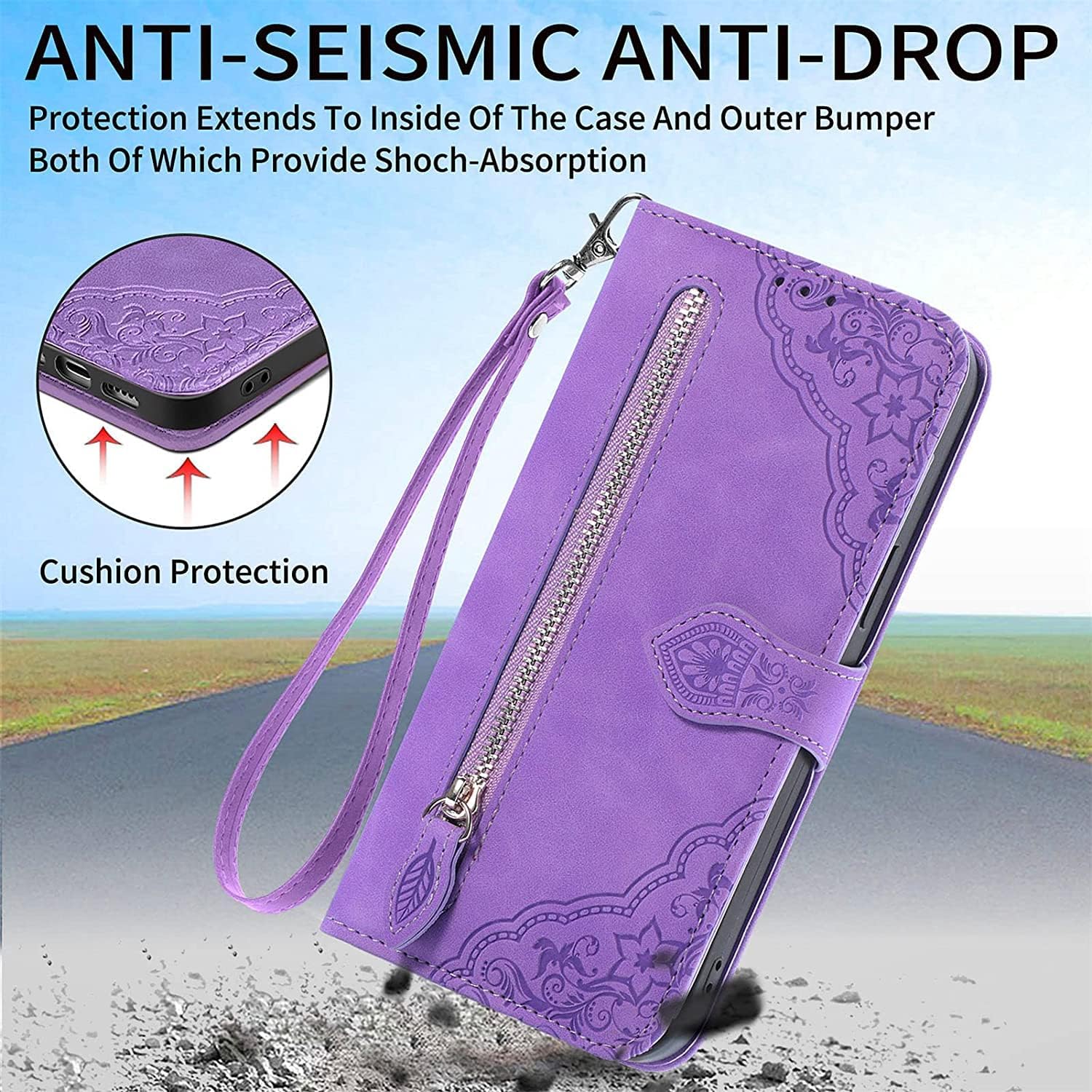 Wallet Case for iPhone 14/14 Plus/14 Pro/14 Pro Max, Leather Shockproof Phone Case, Resistant Drop Phone Case with Card Holder Wrist Strap (Color : Purple, Size : 14 Pro 6.1'')
