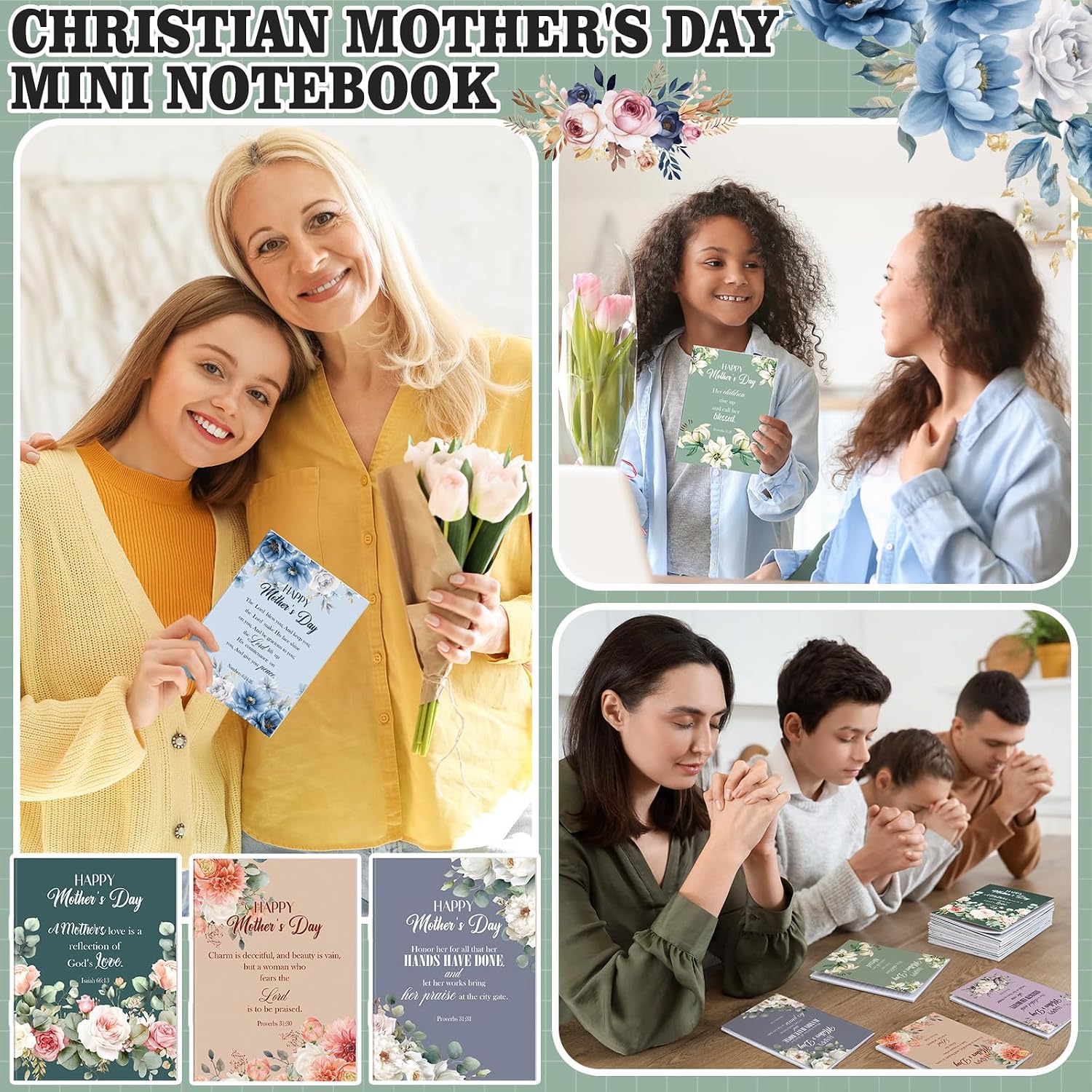 Gilprop 50 Pcs Mother's Day Church Gifts Bulk Christian Mother's Day Floral Notebooks Jesus Bible Notepad Religious Scripture Prayer Inspirational Journals for Mom Catholic Group Members Sunday School