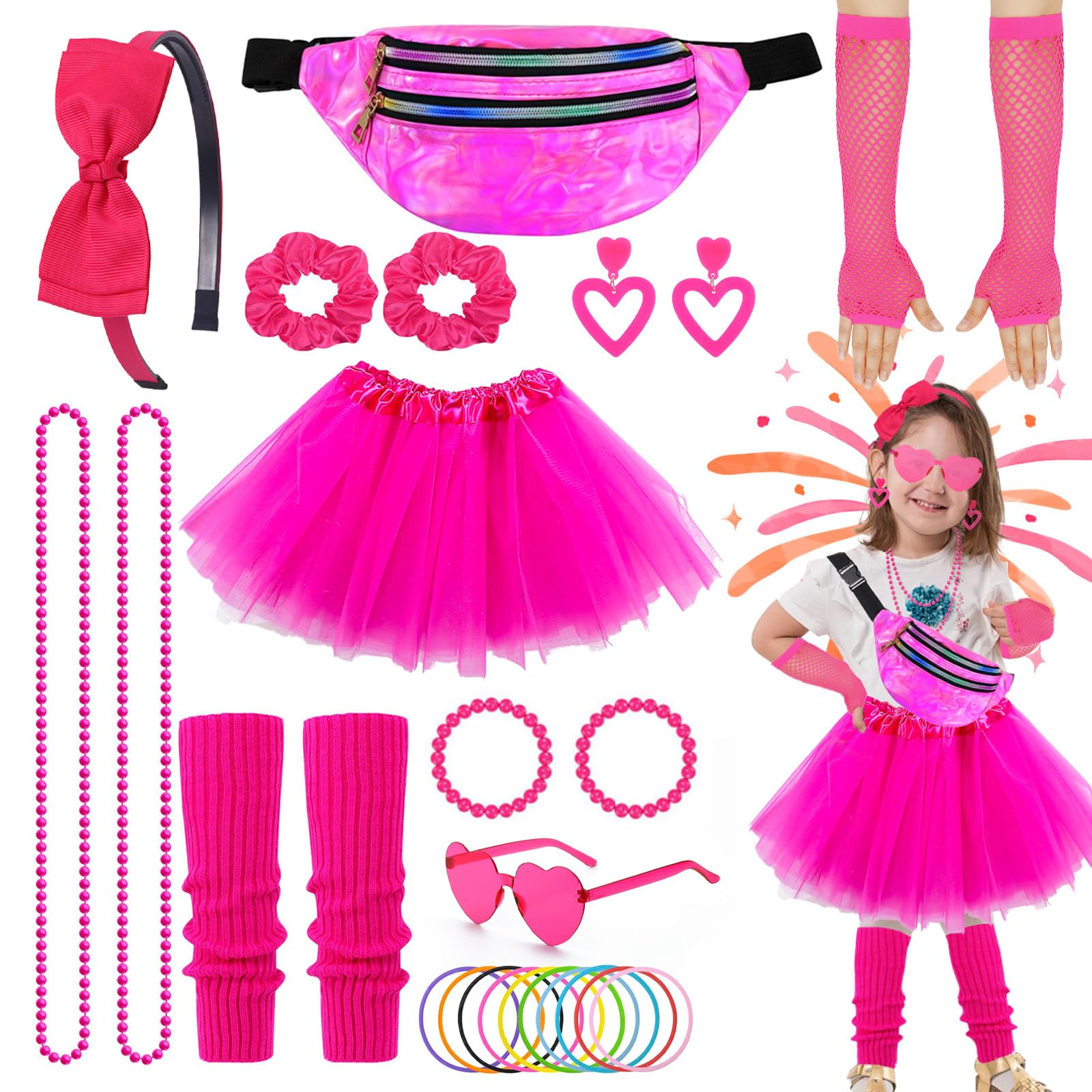 80s Fancy Dress for Girls, 26 Pcs 1980s Costume Accessories Set for Girls Kids Rockstar Costume Outfit Pink Tutu Skirt Fishnet Gloves Leg Warmers Headband Earrings Bracelets Necklaces Glasses Bag