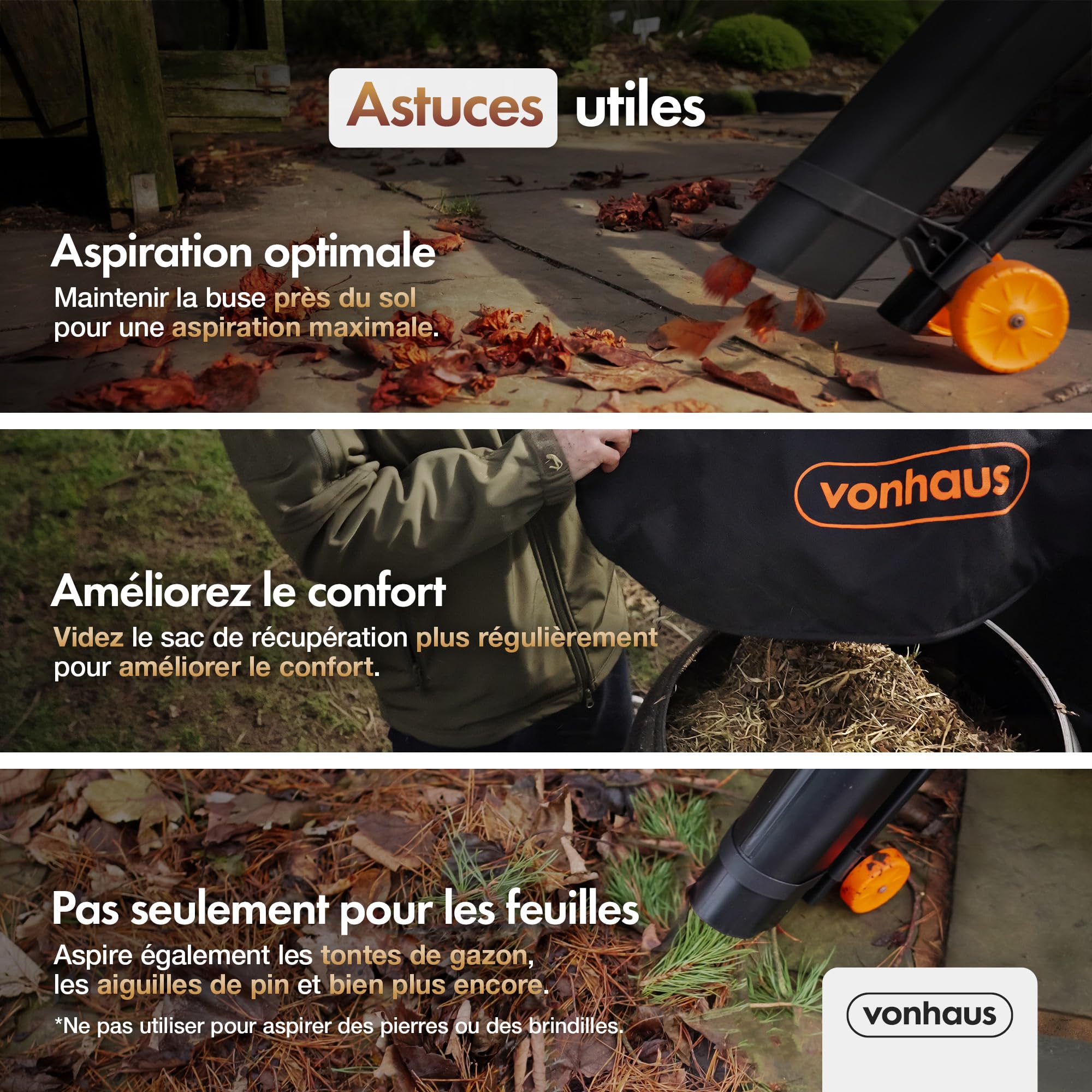 VonHaus Aspirateur Souffleur de Feuilles 3 000 W - Aspirateur Ramasse Feuilles Filaire, Nettoie Les Jardins, Gouttières, Allées, etc. - Bandoulière, roulettes, 35L Collection Sac