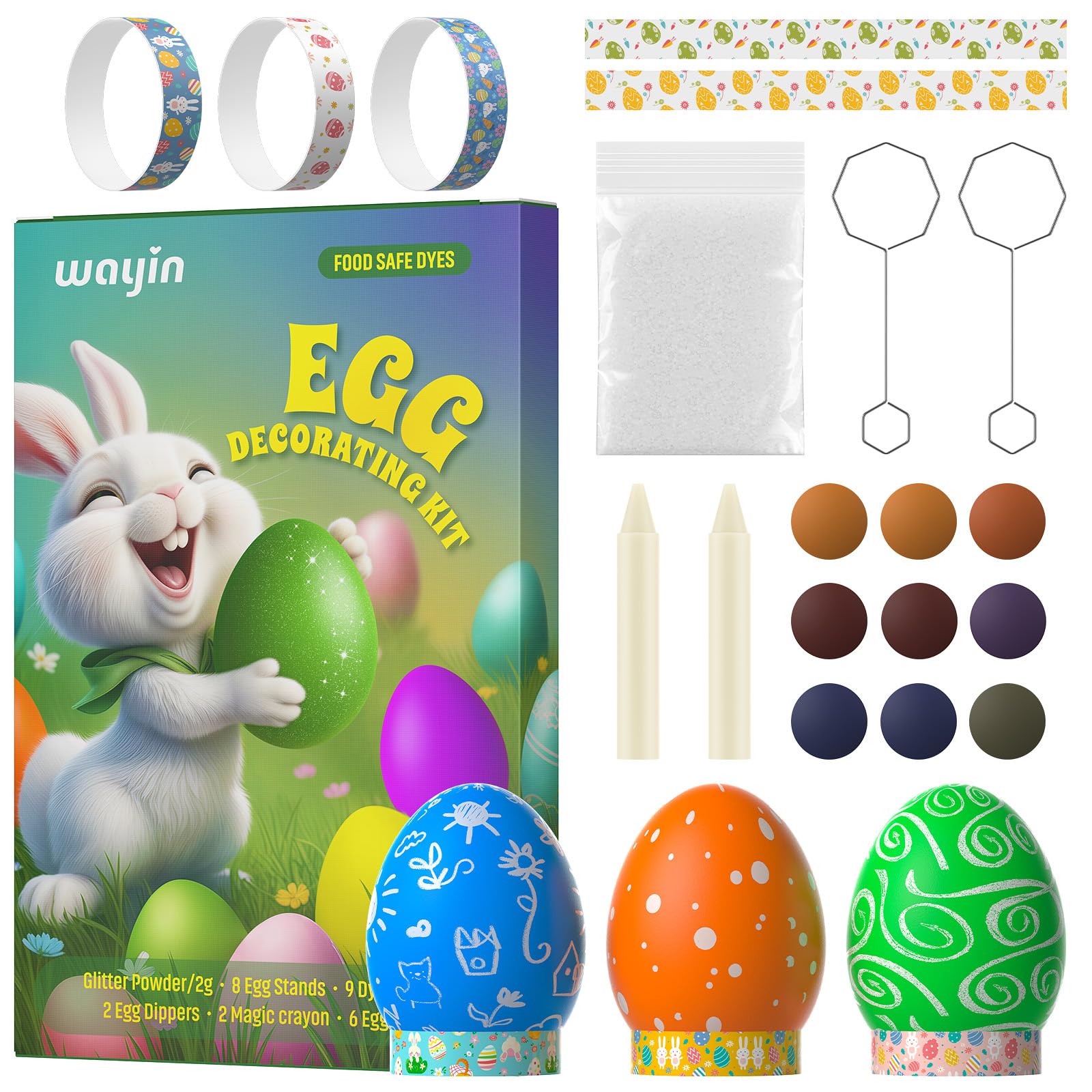 Wayin Egg Dye Kit - Easter Egg Decorating DIY Kit with Glitter Power, Dye Tablets, Egg Stands, Egg Dippers, Magic Crayon, Easter Egg Coloring Kit for Theme Party, Egg Hunt Creativity Activity