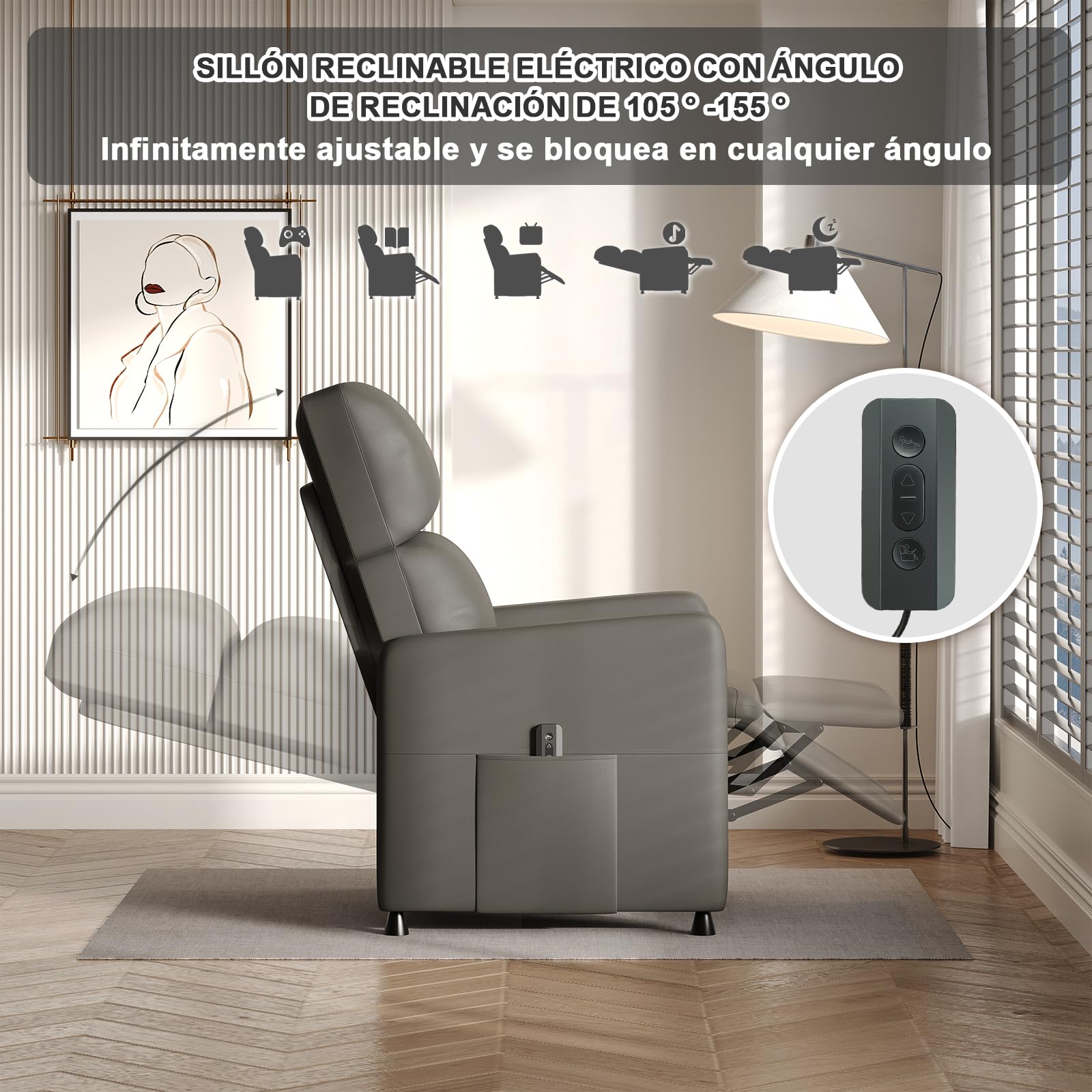 Devoko Sillón Relax Reclinable Eléctrica, Ergonómica Reclinable 90°-165° en Piel PU, Silla Reclinable con Respaldo y Reposapiés Ajustable, para Ancianos/Salón/Oficina, con Bolsillos Laterales, Negro