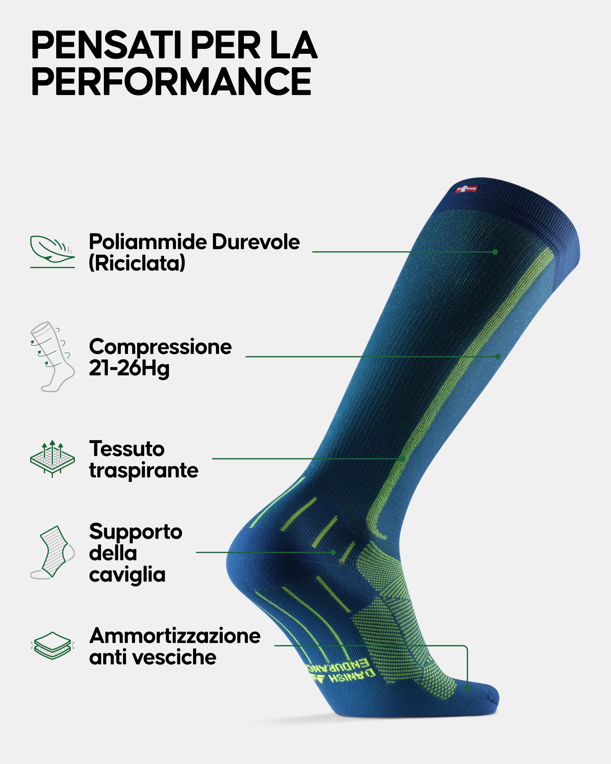 DANISH ENDURANCE Calze Compressione Graduata Uomo Donna 21-26mmHg, Calze Compressive per Recupero, Circolazione, Viaggi, 1 o 2 Paia