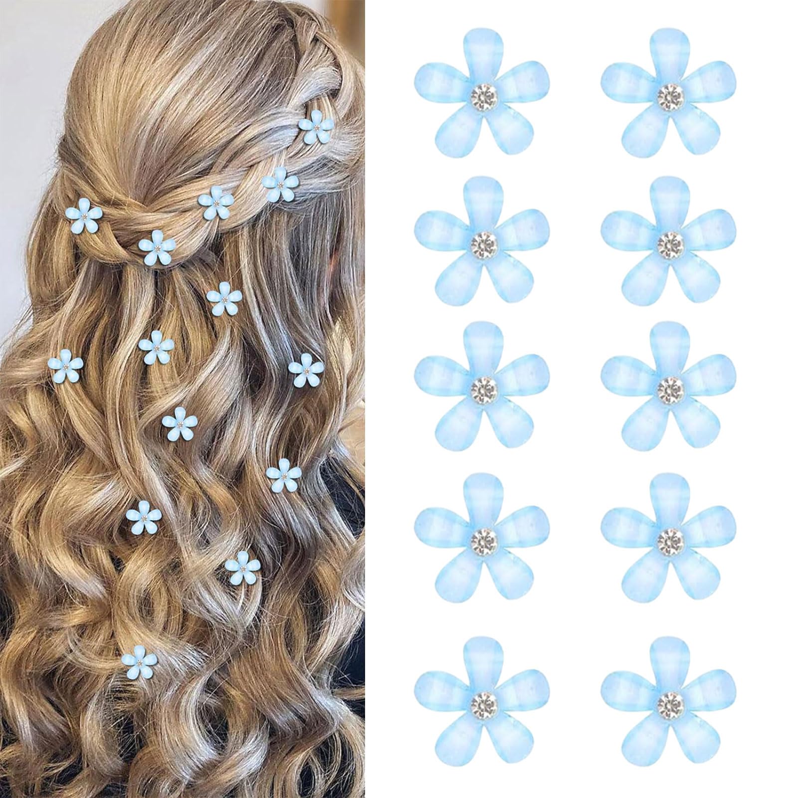 Mezrkuwr 10 Stück blau Mini Blumen Haarspangen mit Strass, niedliche Haarspangen, Blumen Haarnadeln, dekorative Haarspangen, Hochzeit-Haarspangen, Blumen-Haar-Accessoires